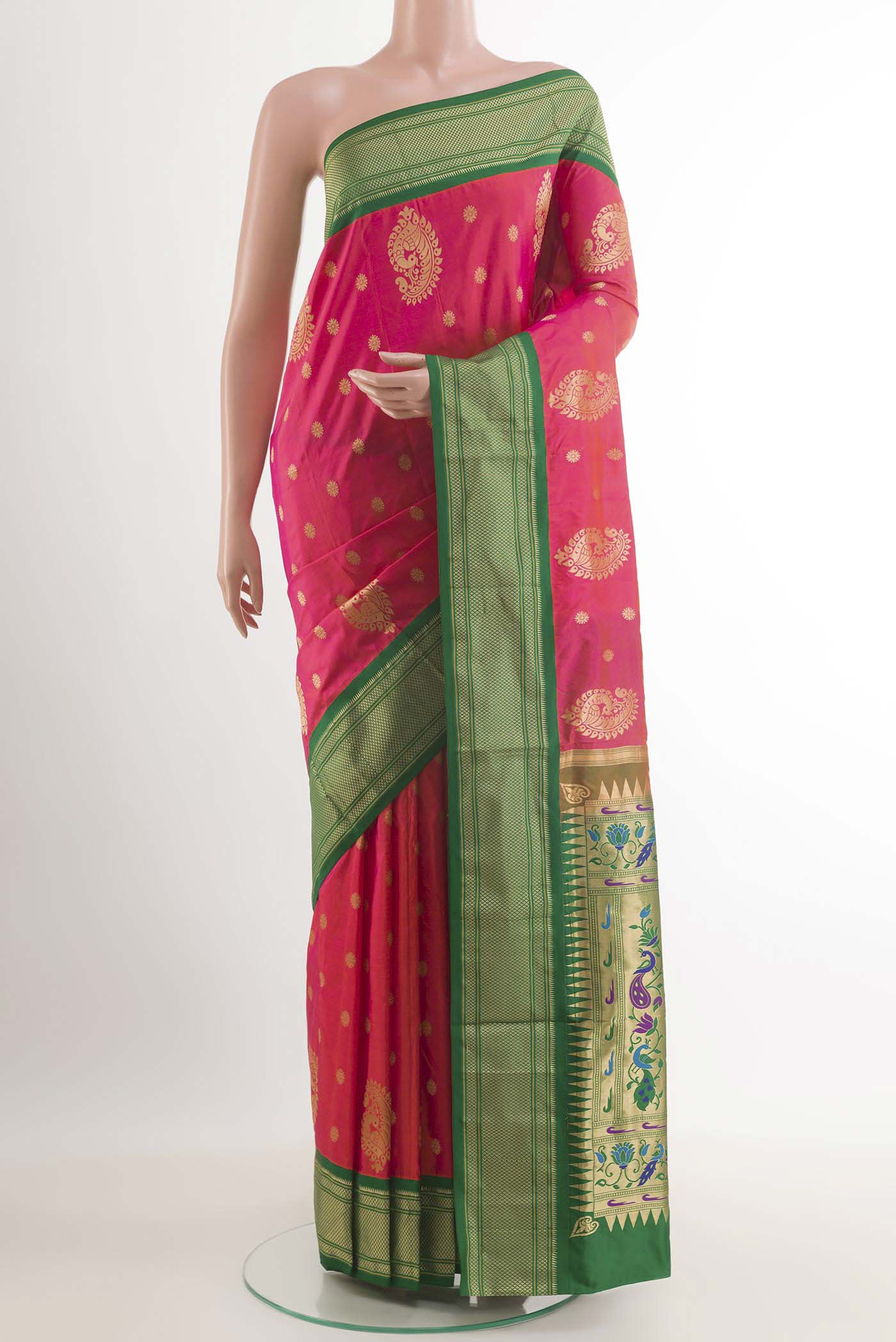 Pink Dual Tone Soft Silk Saree with Zari Butta on the body and Zari Border.  displayed on a mannequin