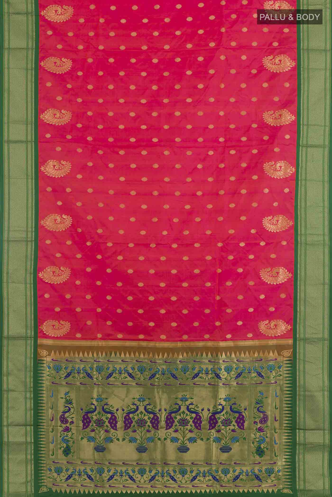 Flat view of Pink Dual Tone Soft Silk Saree with Zari Butta on the body and Zari Border. 