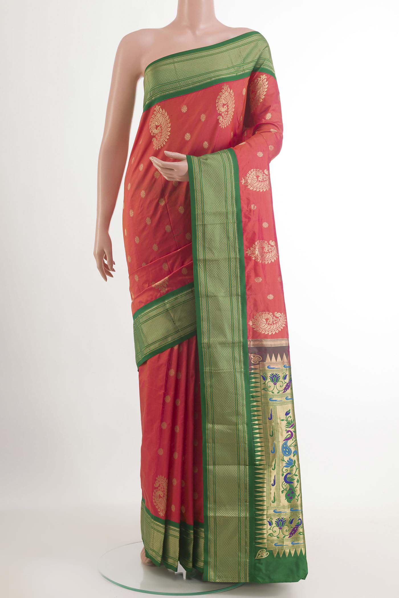 Pink Soft Silk Saree with Zari Butta on the body and Zari Border.  displayed on a mannequin
