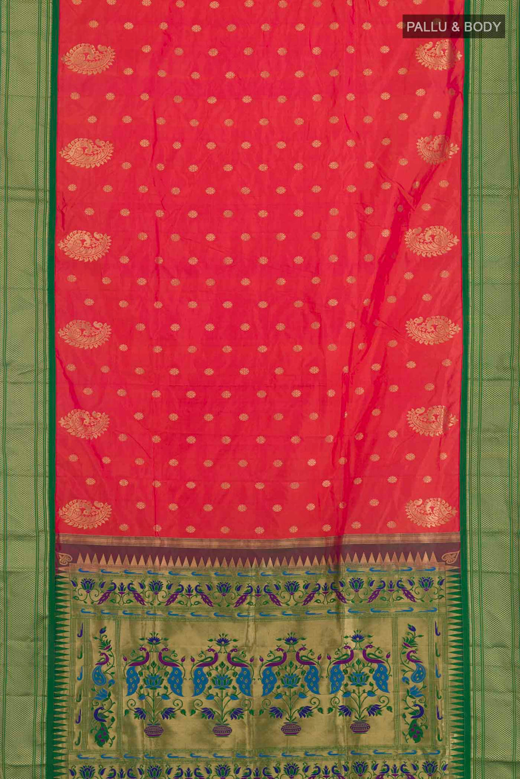 Flat view of Pink Soft Silk Saree with Zari Butta on the body and Zari Border. 