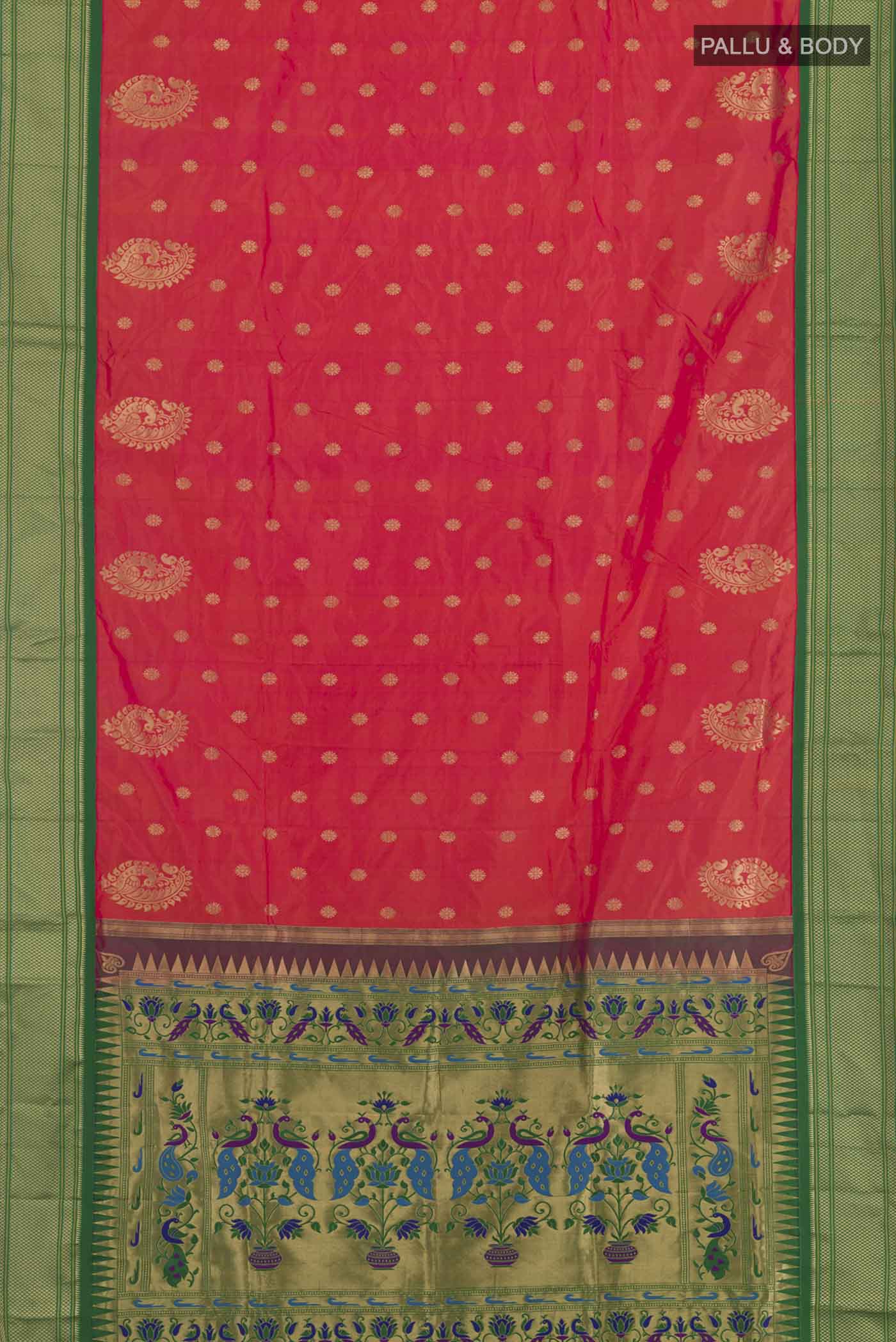 Flat view of Pink Soft Silk Saree with Zari Butta on the body and Zari Border. 