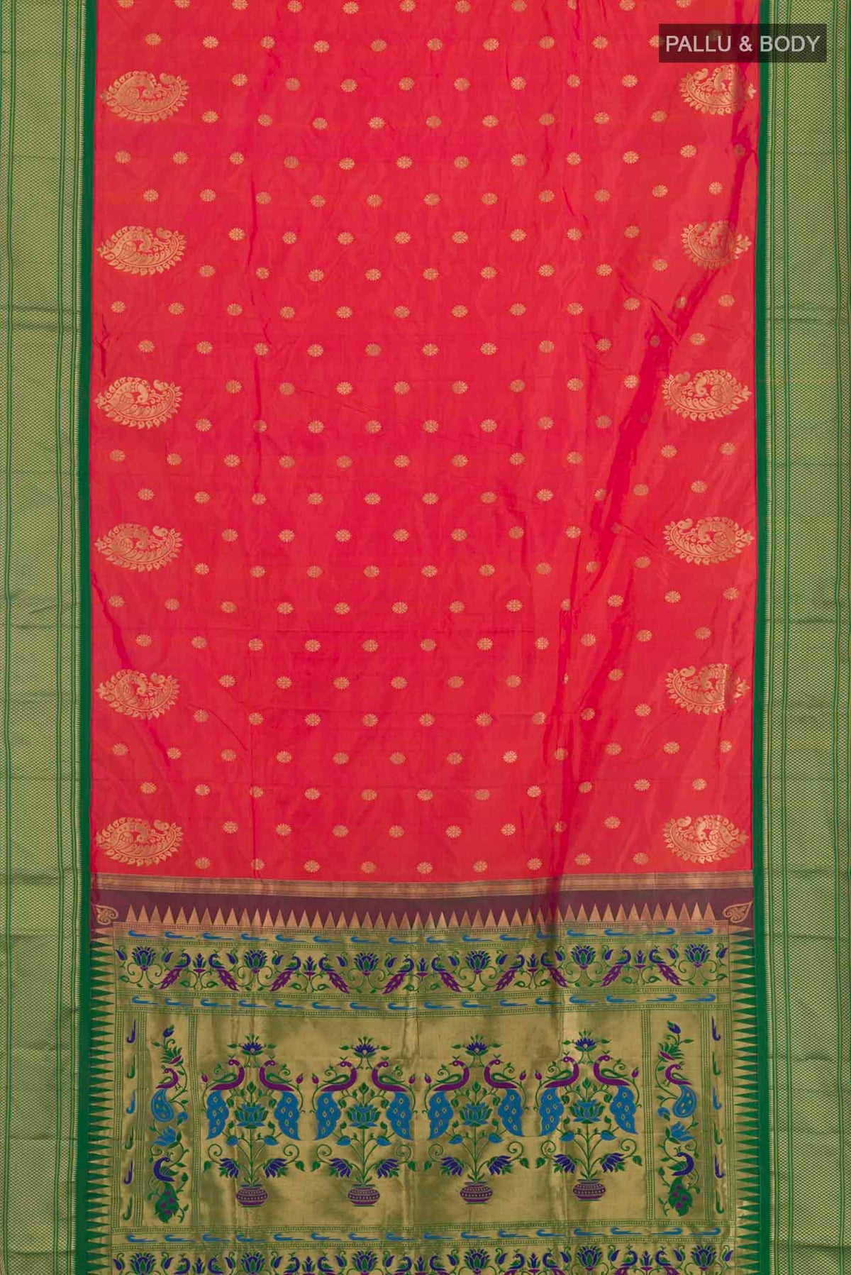 Flat view of Pink Soft Silk Saree with Zari Butta on the body and Zari Border. 