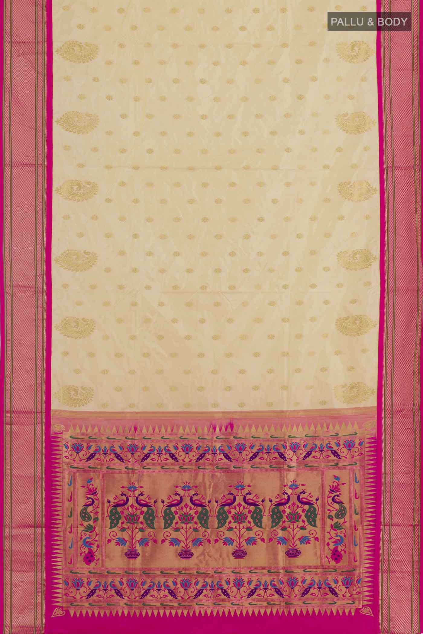 Flat view of Off White Soft Silk Saree with Zari Butta on the body and Zari Border. 