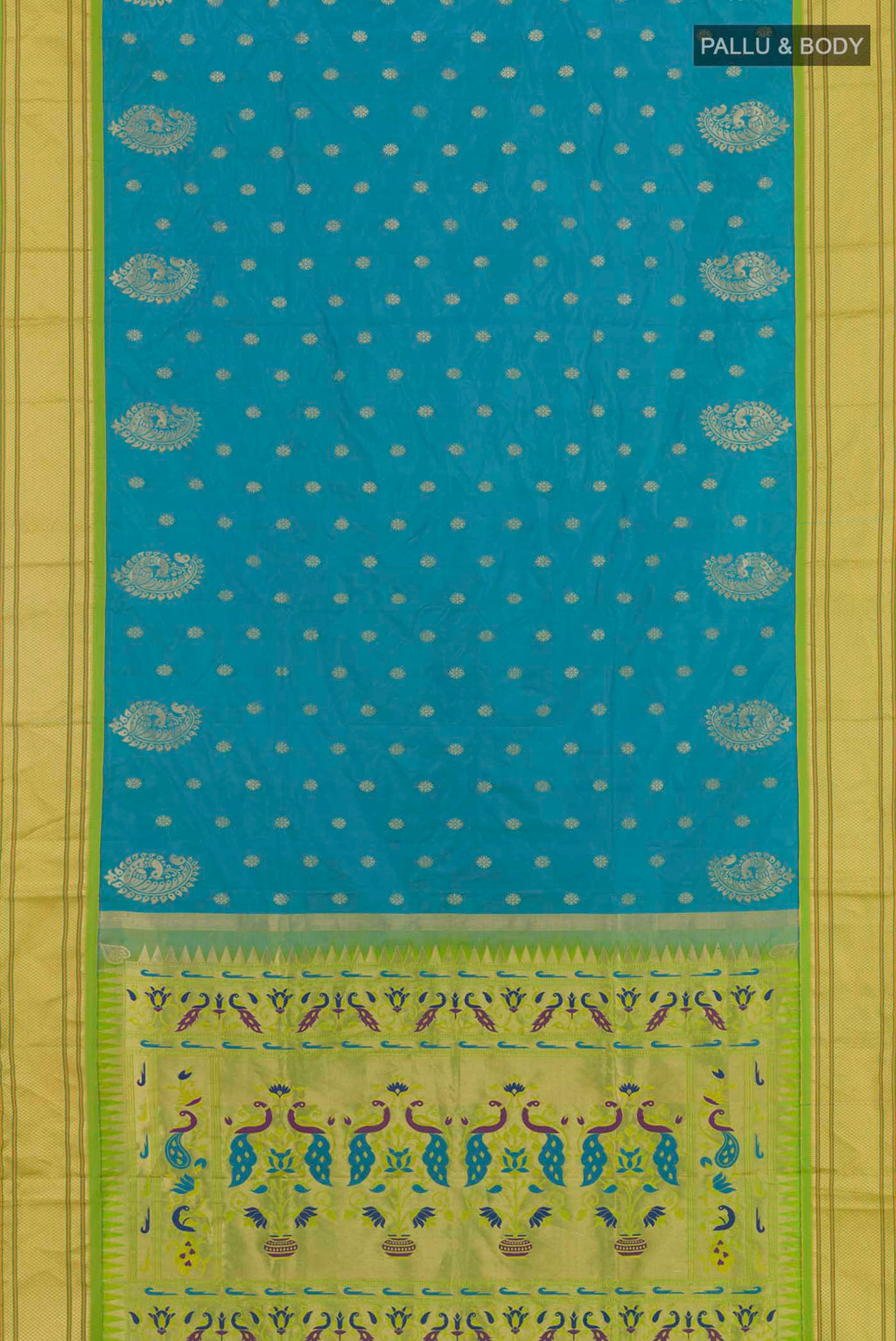 Flat view of Blue Soft Silk Saree with Zari Butta on the body and Zari Border. 