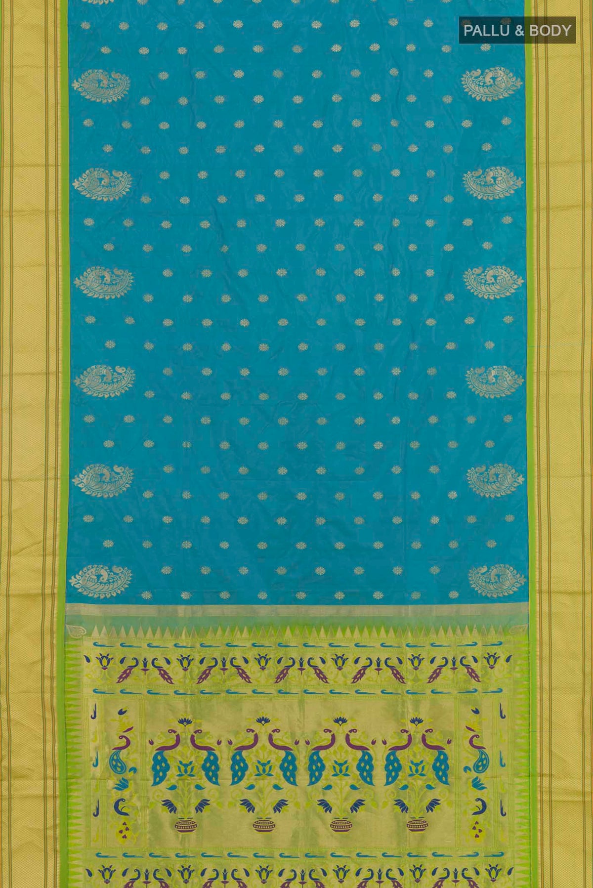 Flat view of Blue Soft Silk Saree with Zari Butta on the body and Zari Border. 