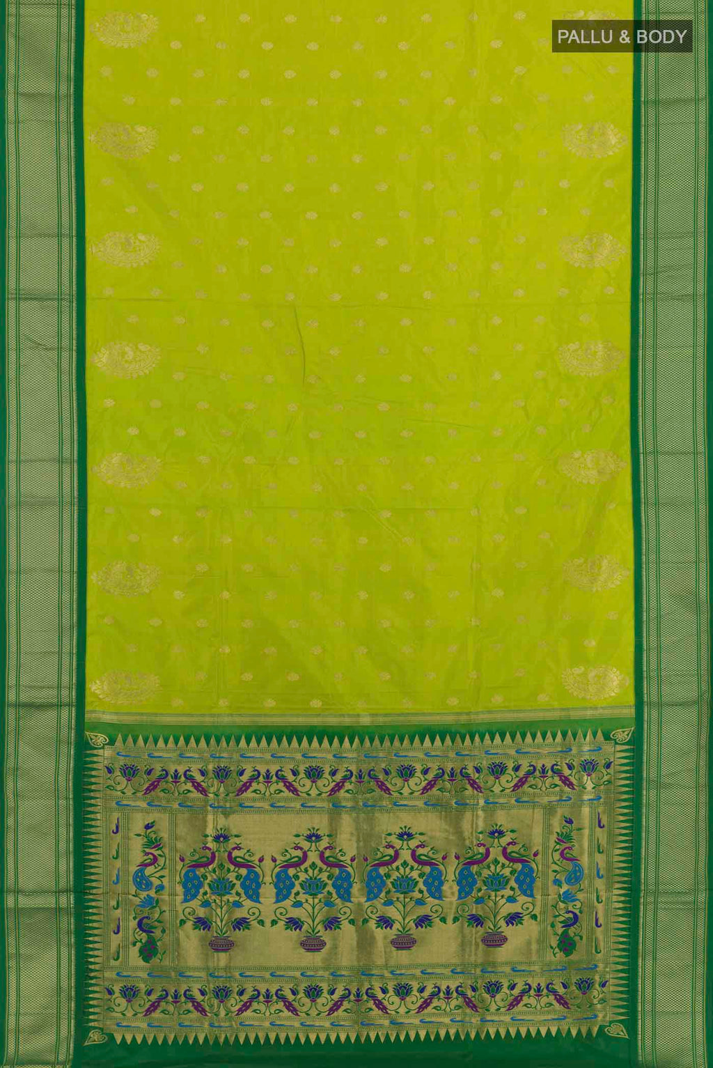 Flat view of Green Soft Silk Saree with Zari Butta on the body and Zari Border. 