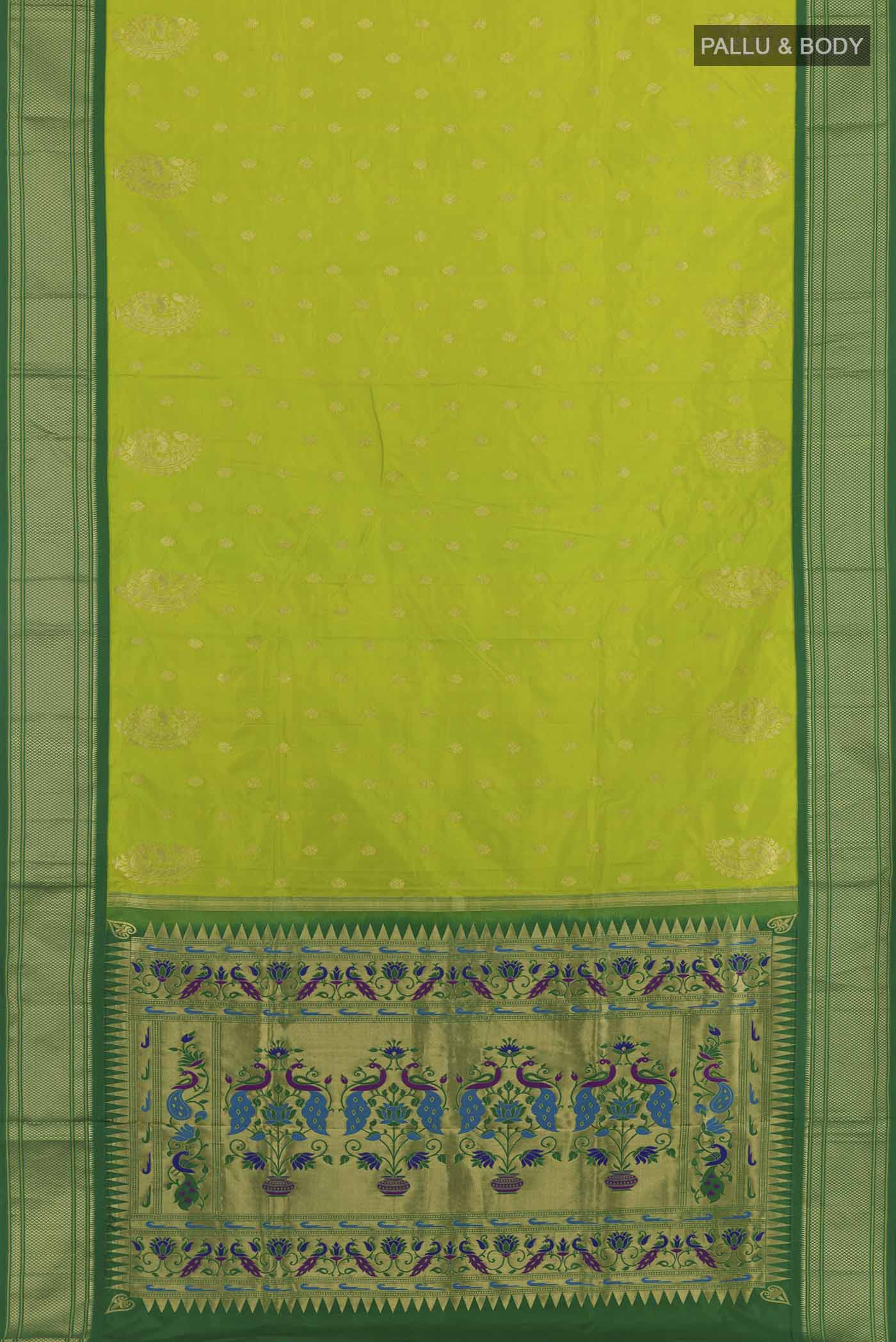 Flat view of Green Soft Silk Saree with Zari Butta on the body and Zari Border. 