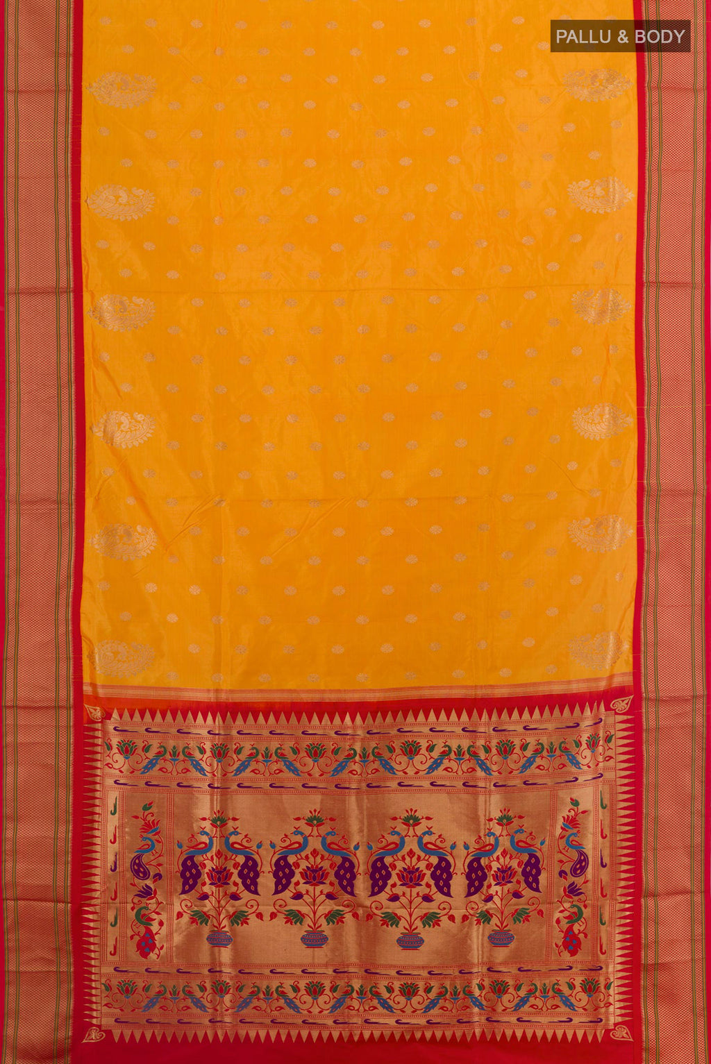 Flat view of Yellow Paithani Silk Saree with Zari Butta on the body and Zari Border. 