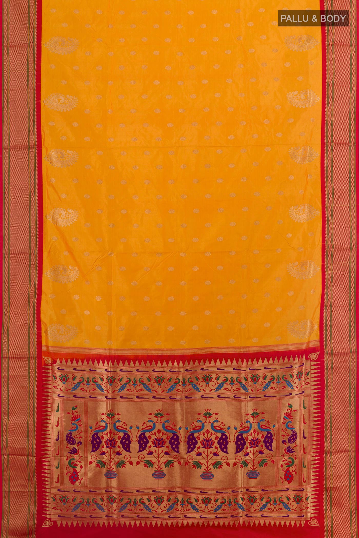 Flat view of Yellow Paithani Silk Saree with Zari Butta on the body and Zari Border. 