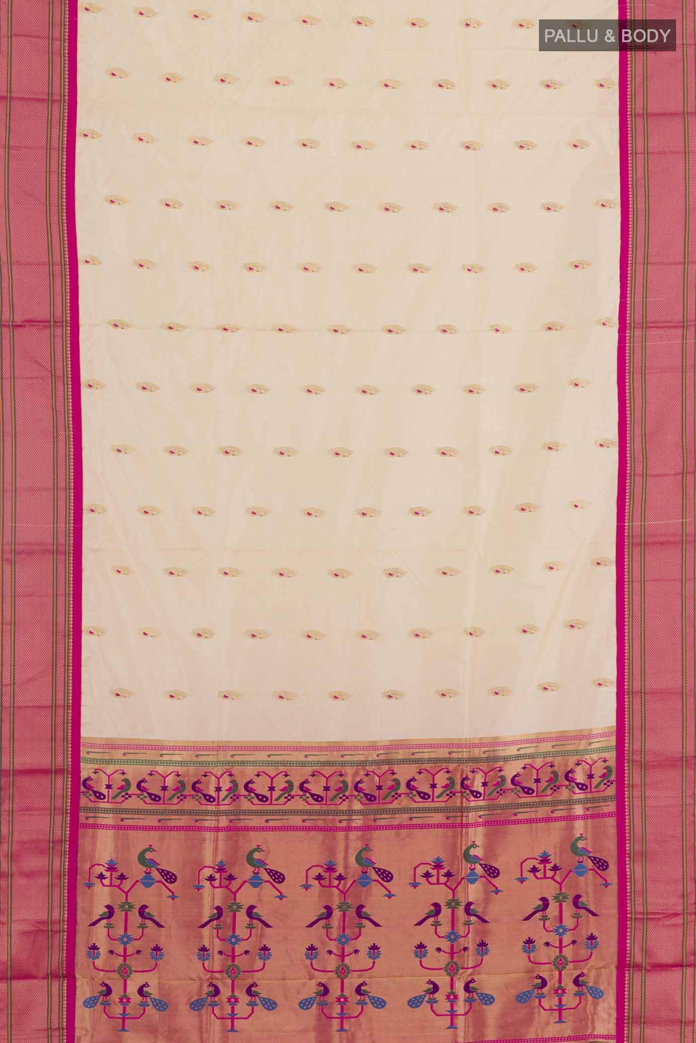 Flat view of Cream Soft Silk Saree with Zari Butta on the body and Zari Border. 