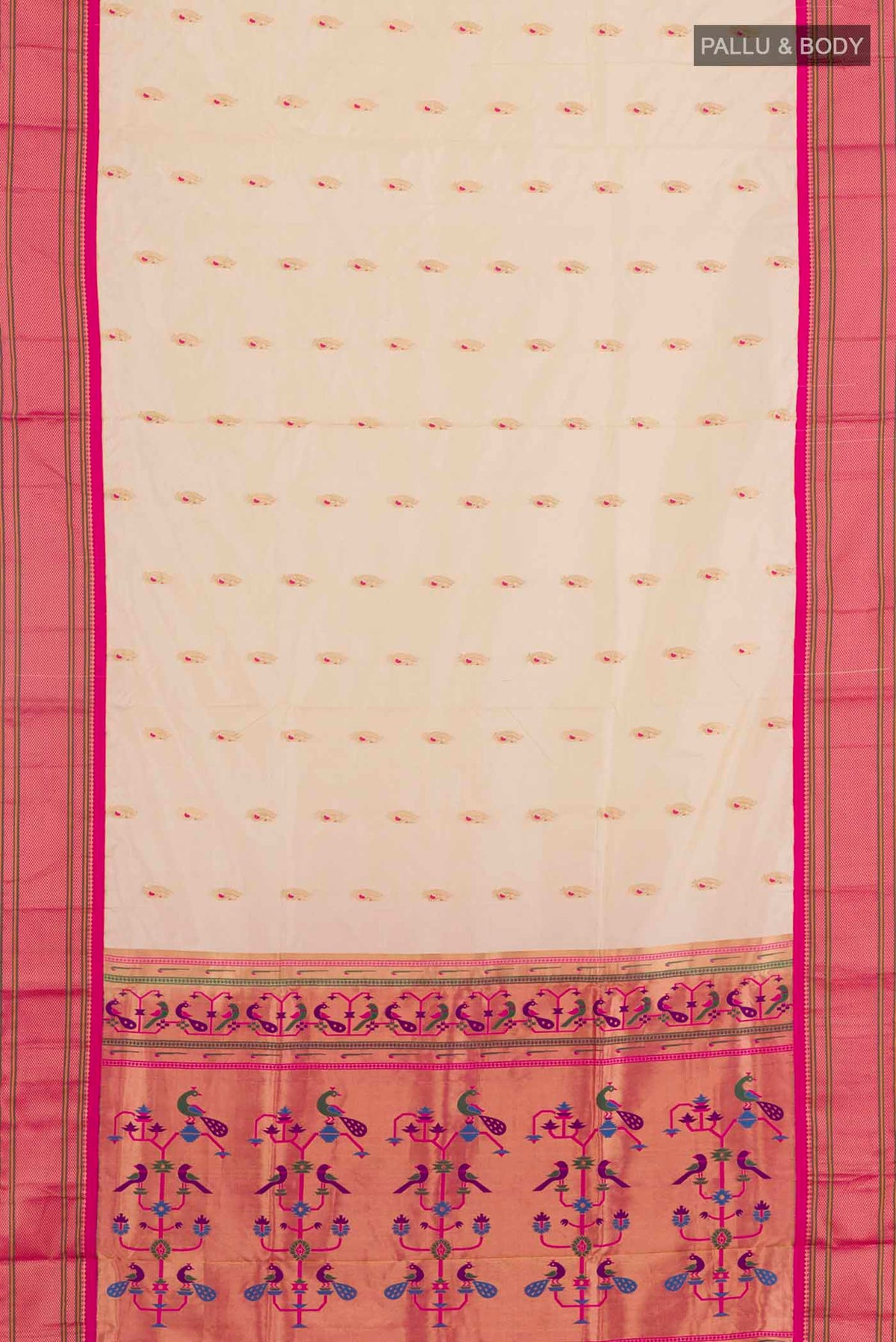 Flat view of Cream Soft Silk Saree with Zari Butta on the body and Zari Border. 