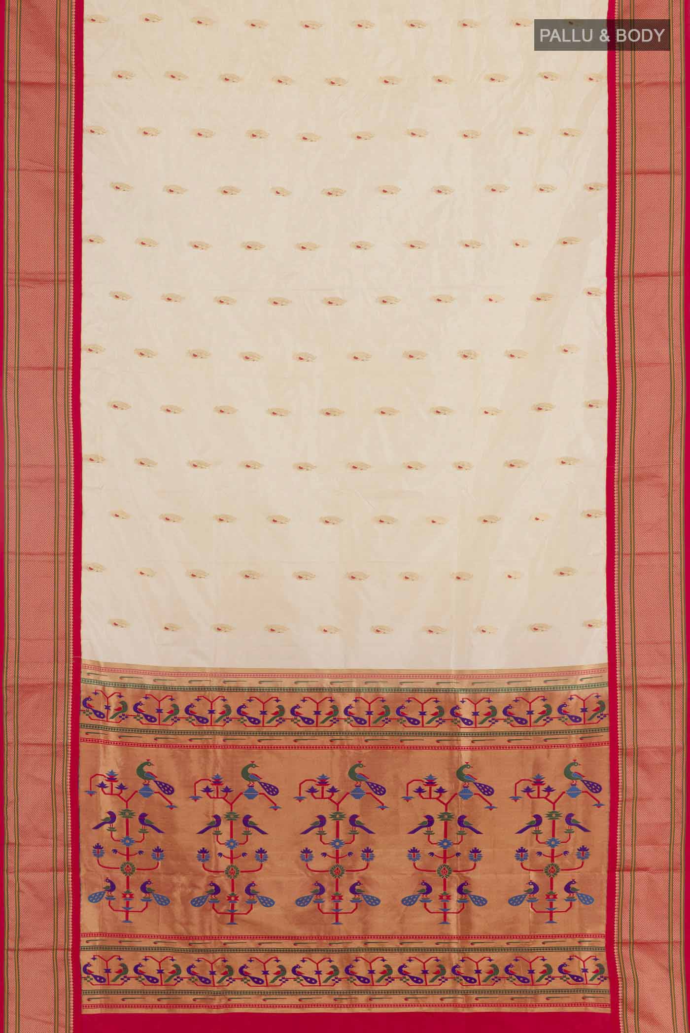 Flat view of Off White Dual Tone Soft Silk Saree with Zari Butta on the body and Zari Border. 