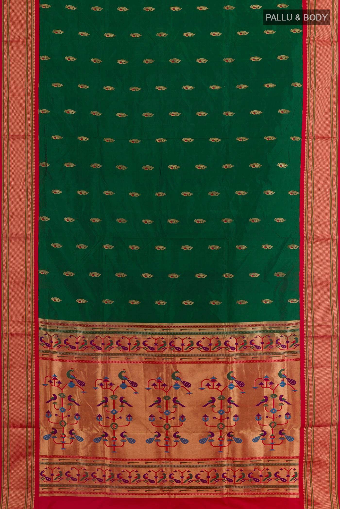 Flat view of Green Paithani Silk Saree with Zari Butta on the body and Zari Border. 