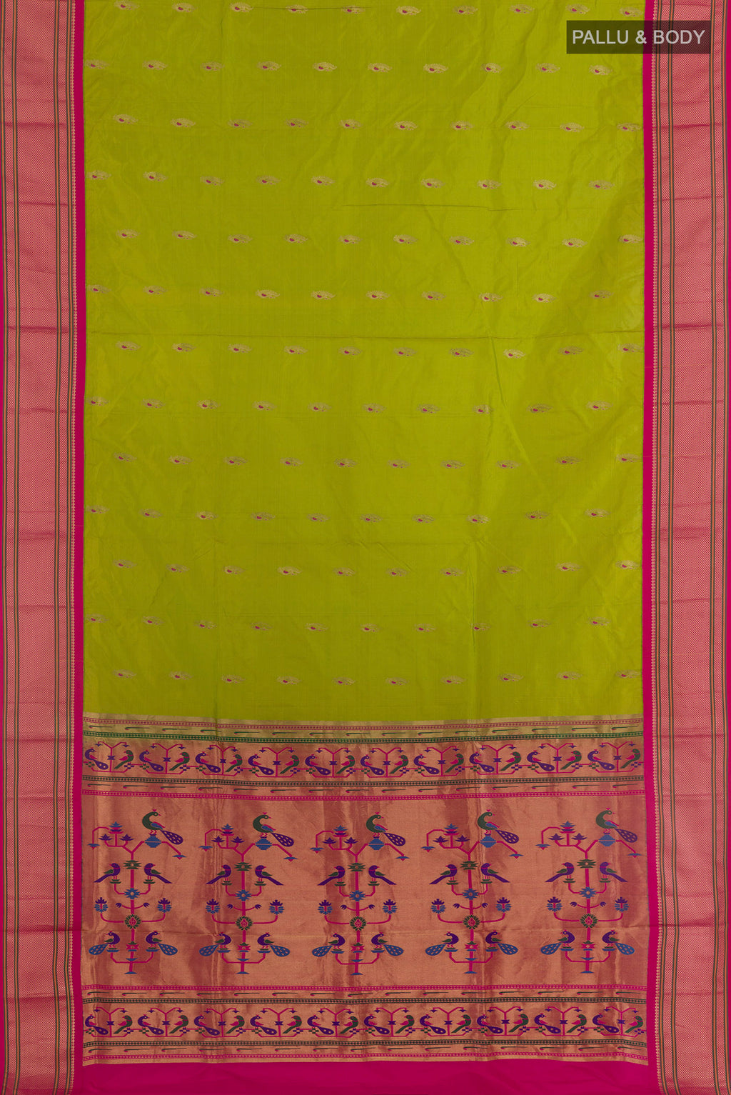 Flat view of Green Paithani Silk Saree with Zari Butta on the body and Zari Border. 