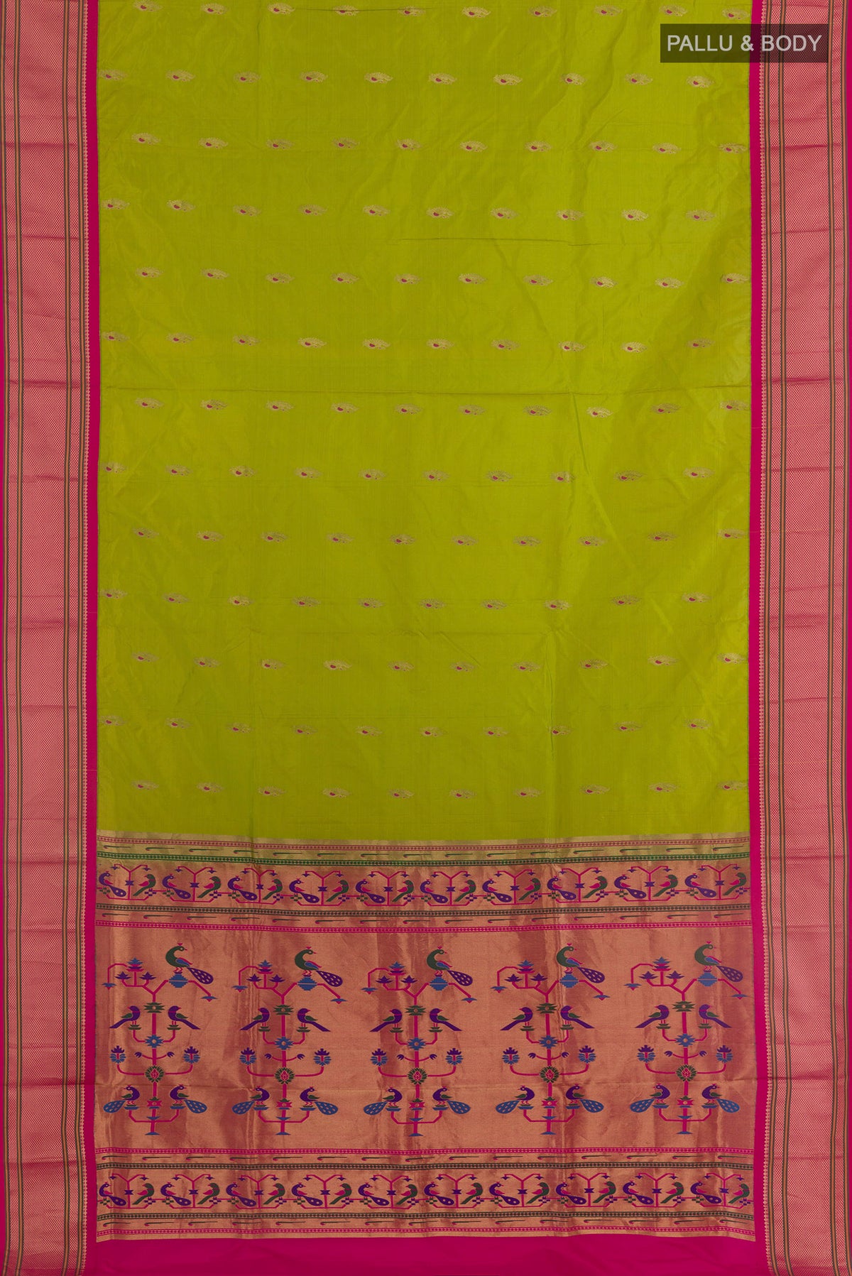 Flat view of Green Paithani Silk Saree with Zari Butta on the body and Zari Border. 