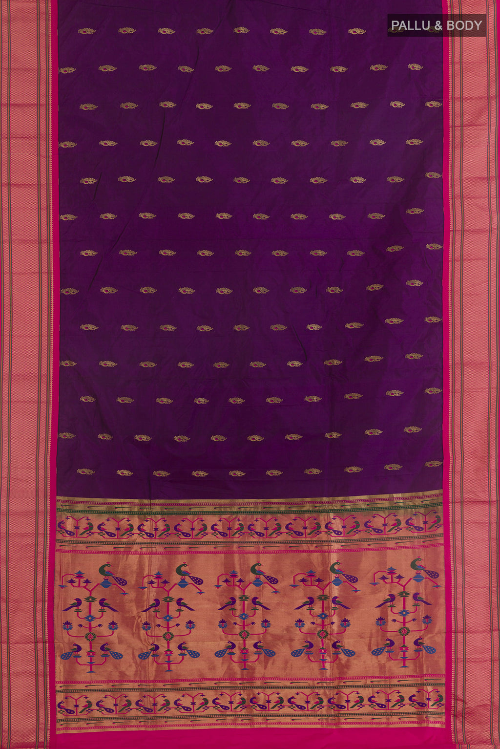 Flat view of Purple Paithani Silk Saree with Zari Butta on the body and Zari Border. 