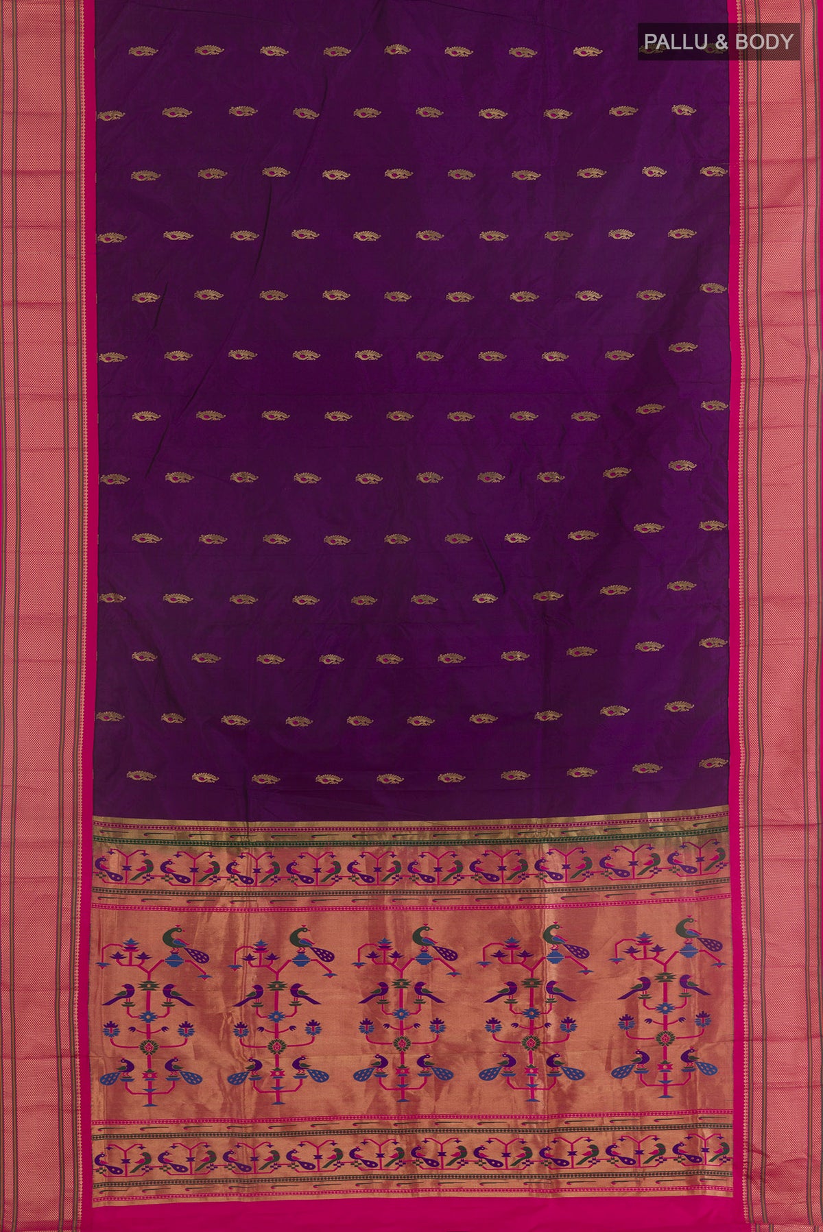 Flat view of Purple Paithani Silk Saree with Zari Butta on the body and Zari Border. 