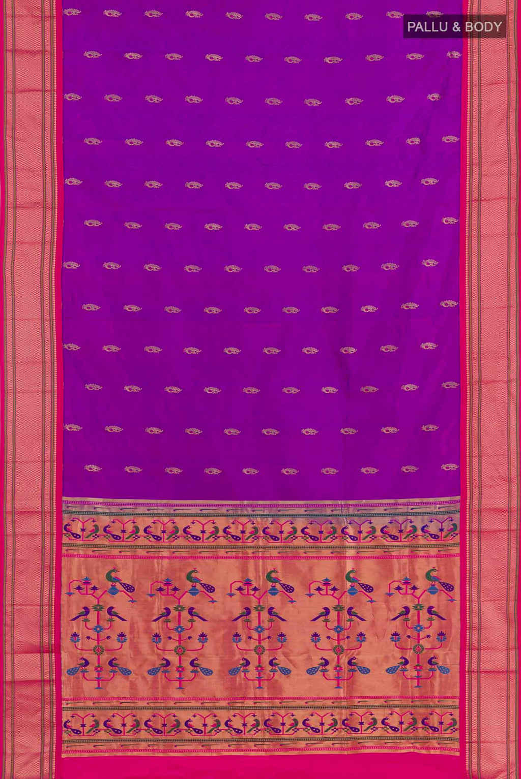 Flat view of Purple Soft Silk Saree with Zari Butta on the body and Zari Border. 
