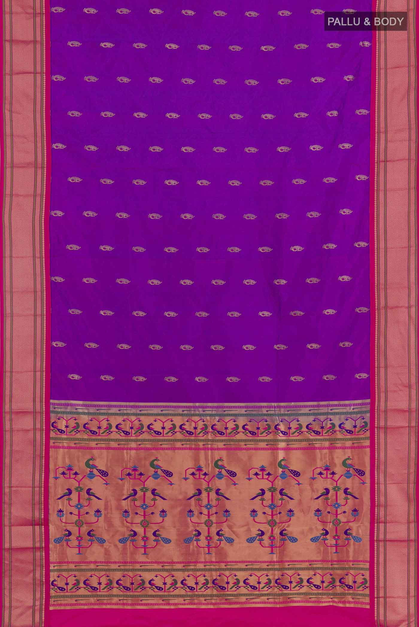 Flat view of Purple Soft Silk Saree with Zari Butta on the body and Zari Border. 