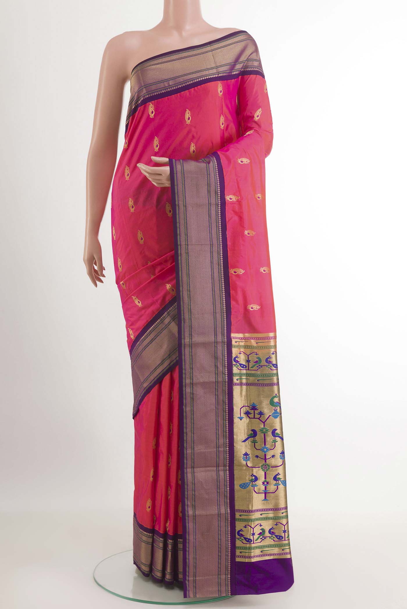 Pink Dual Tone Soft Silk Saree with Zari Butta on the body and Zari Border.  displayed on a mannequin