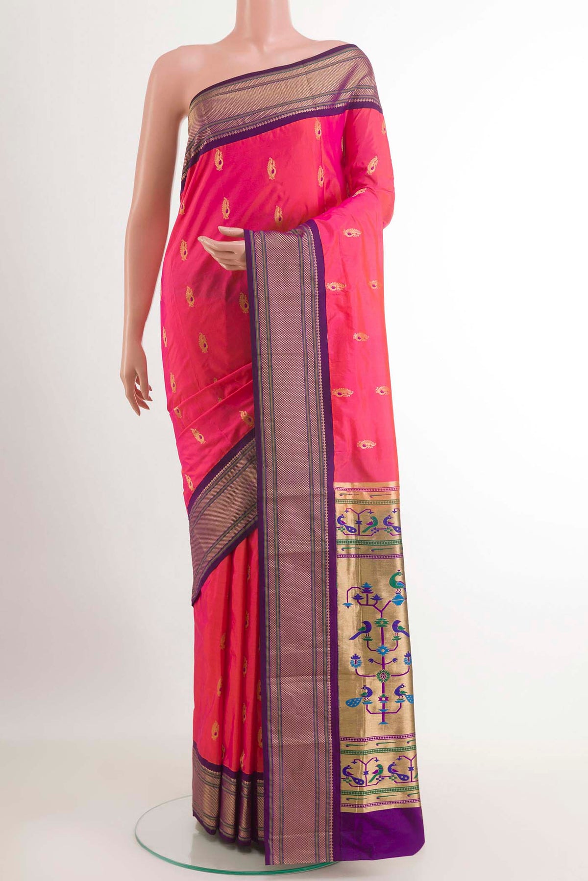 Pink Dual Tone Soft Silk Saree with Zari Butta on the body and Zari Border.  displayed on a mannequin