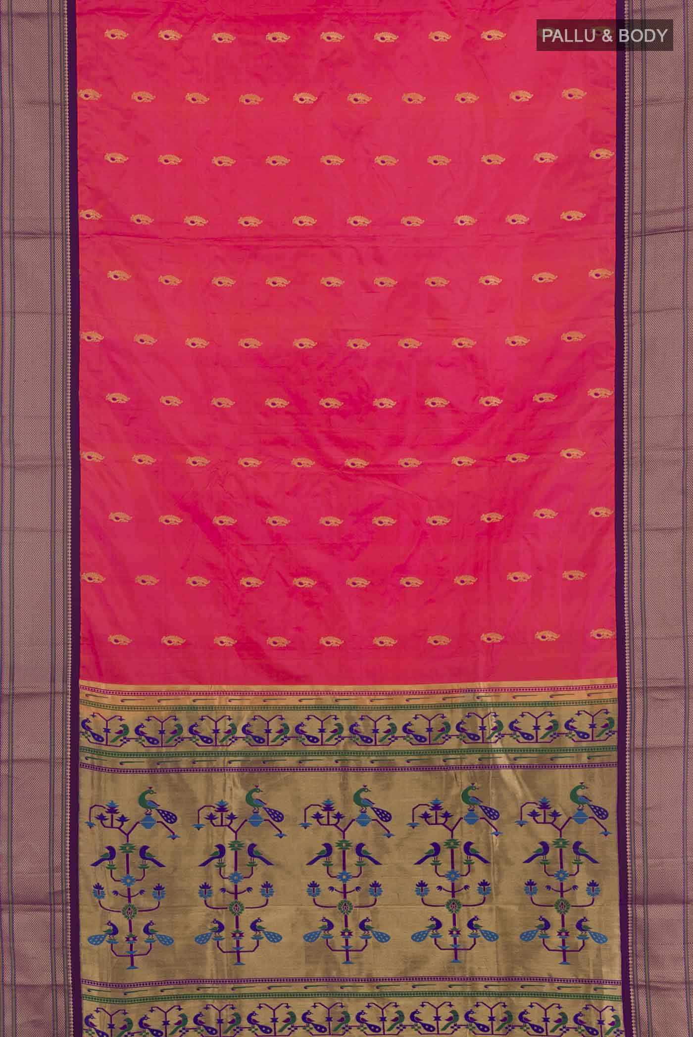 Flat view of Pink Dual Tone Soft Silk Saree with Zari Butta on the body and Zari Border. 