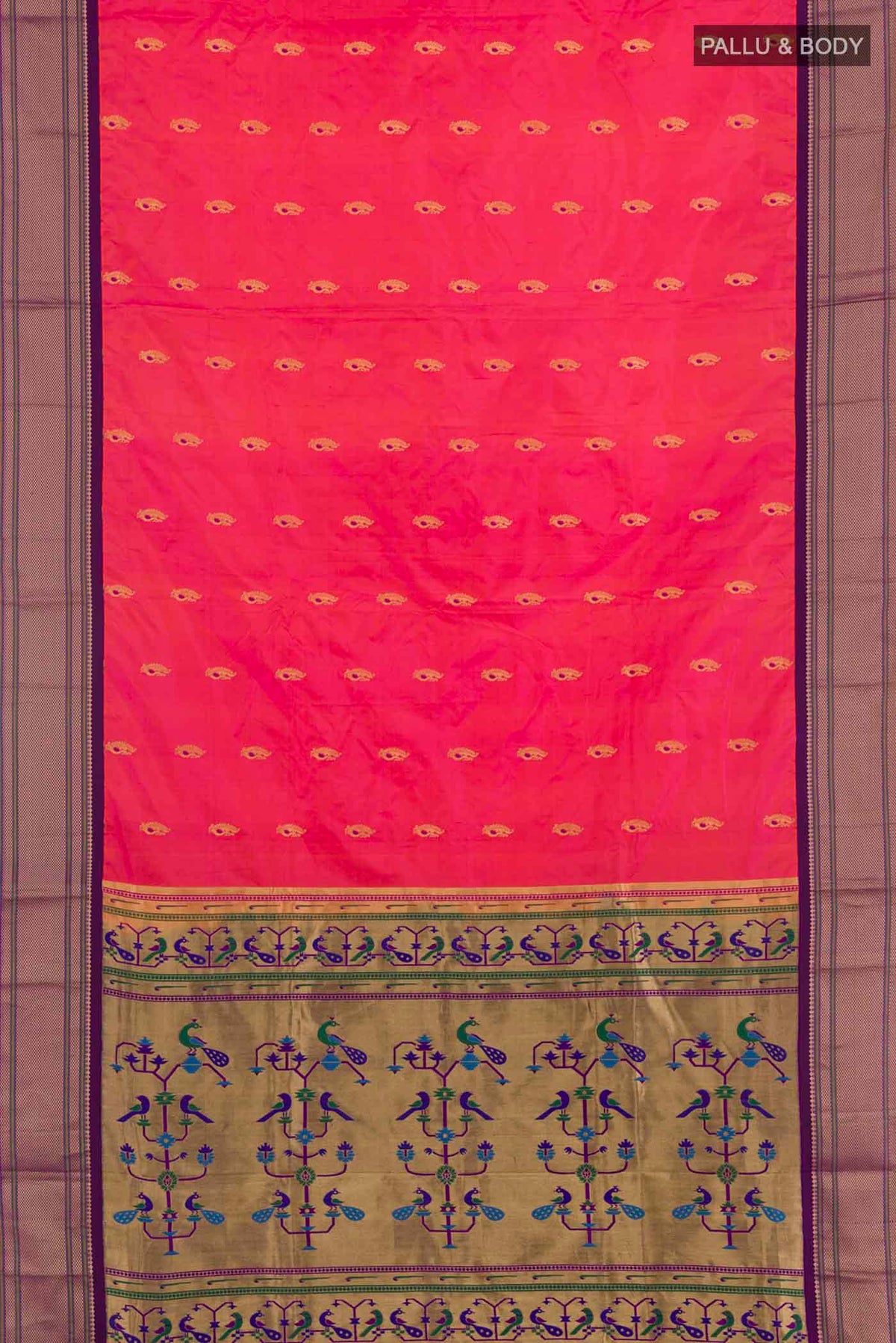Flat view of Pink Dual Tone Soft Silk Saree with Zari Butta on the body and Zari Border. 