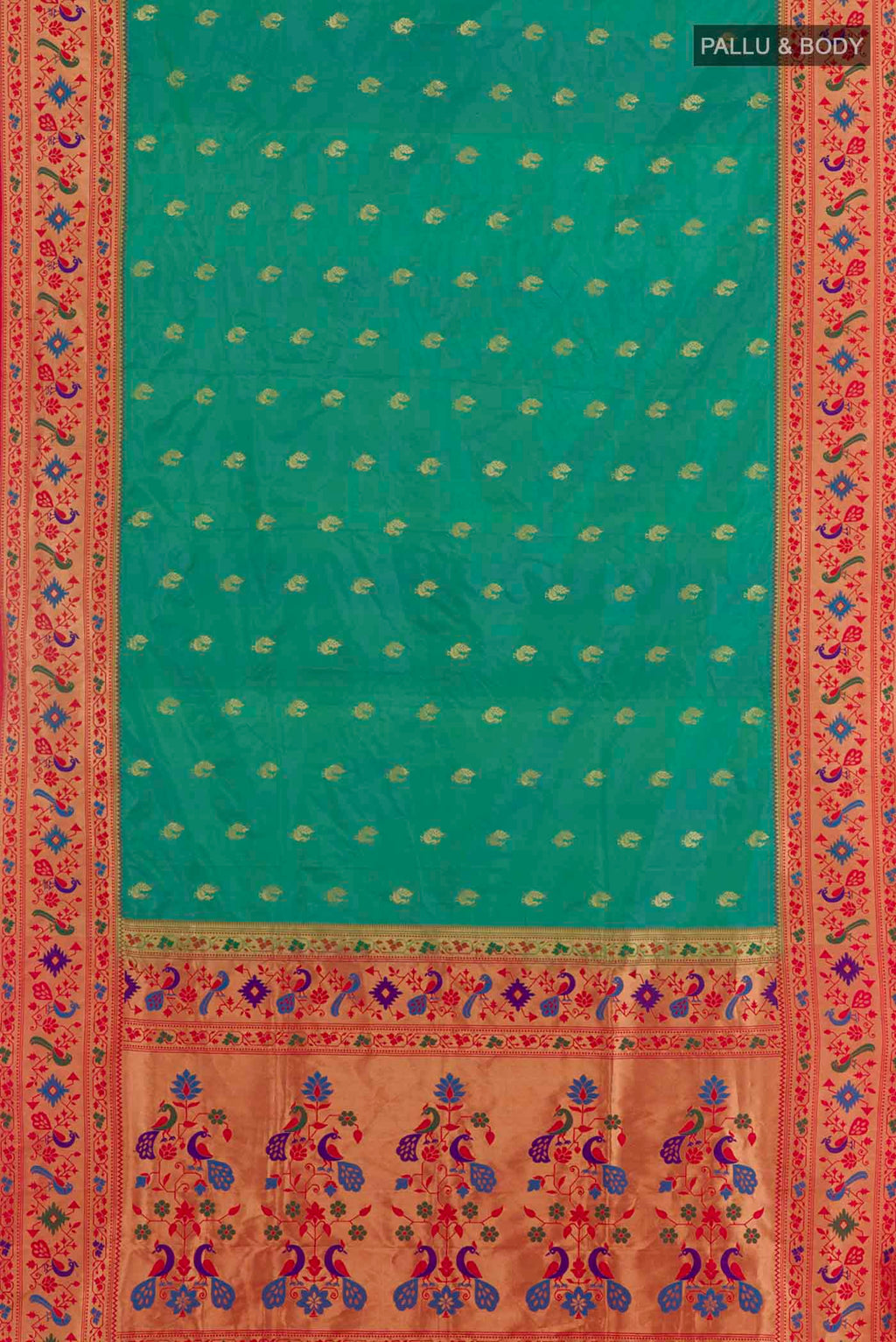 Flat view of Green Paithani Silk Saree with Zari Butta on the body and Zari Border. 