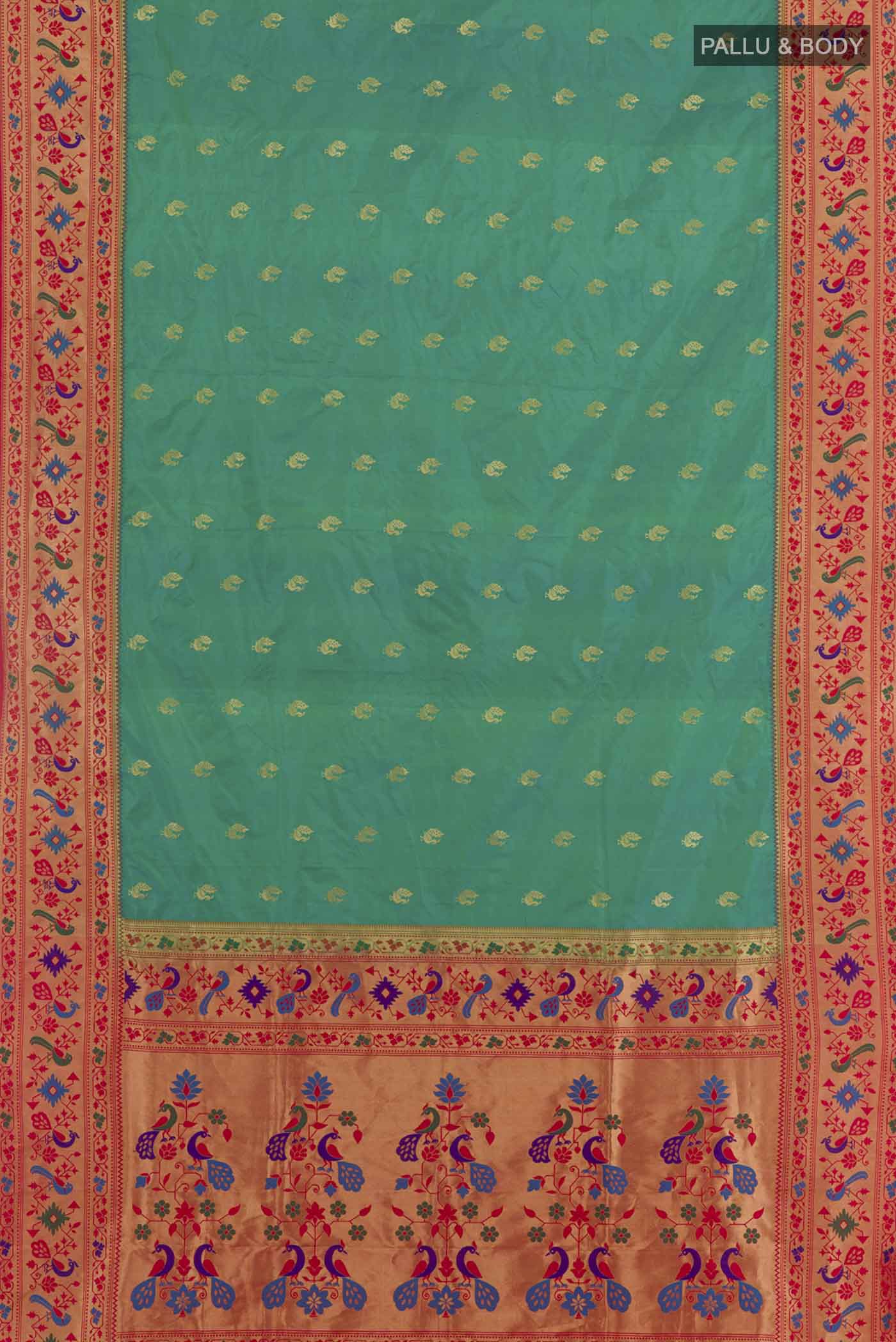 Flat view of Green Paithani Silk Saree with Zari Butta on the body and Zari Border. 