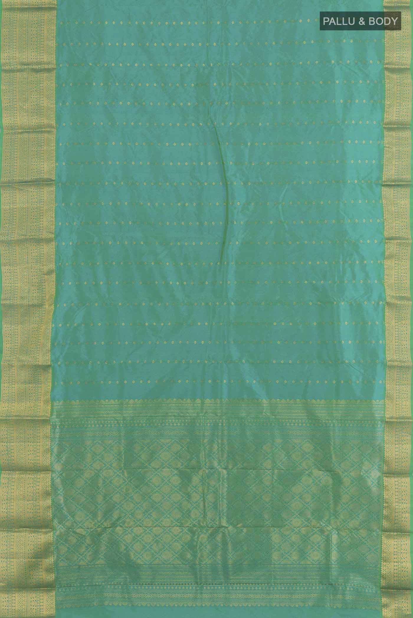 Flat view of Sea Green Kanjivaram Silk Saree with Zari Butta on the body and Zari Border. 