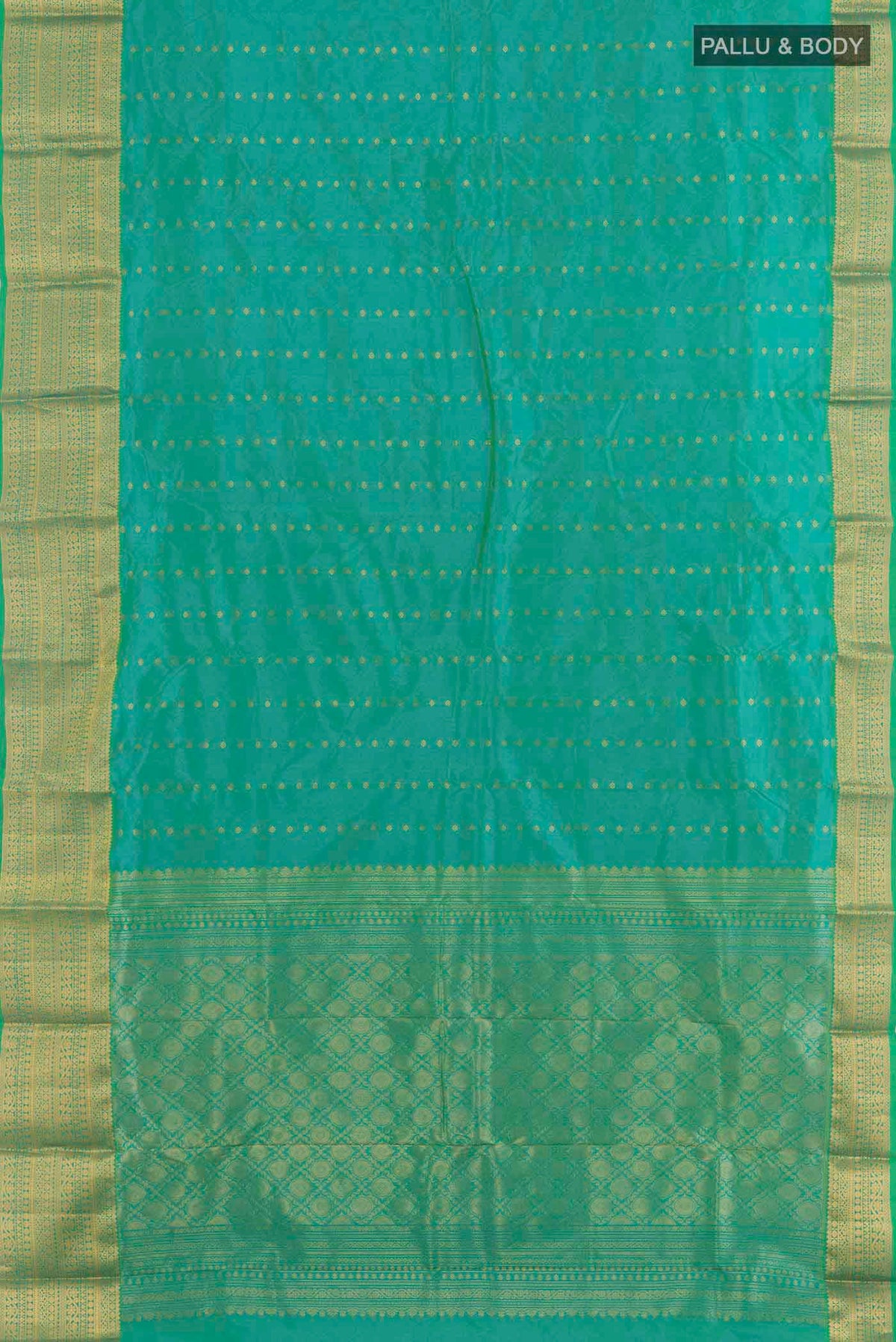 Flat view of Sea Green Kanjivaram Silk Saree with Zari Butta on the body and Zari Border. 