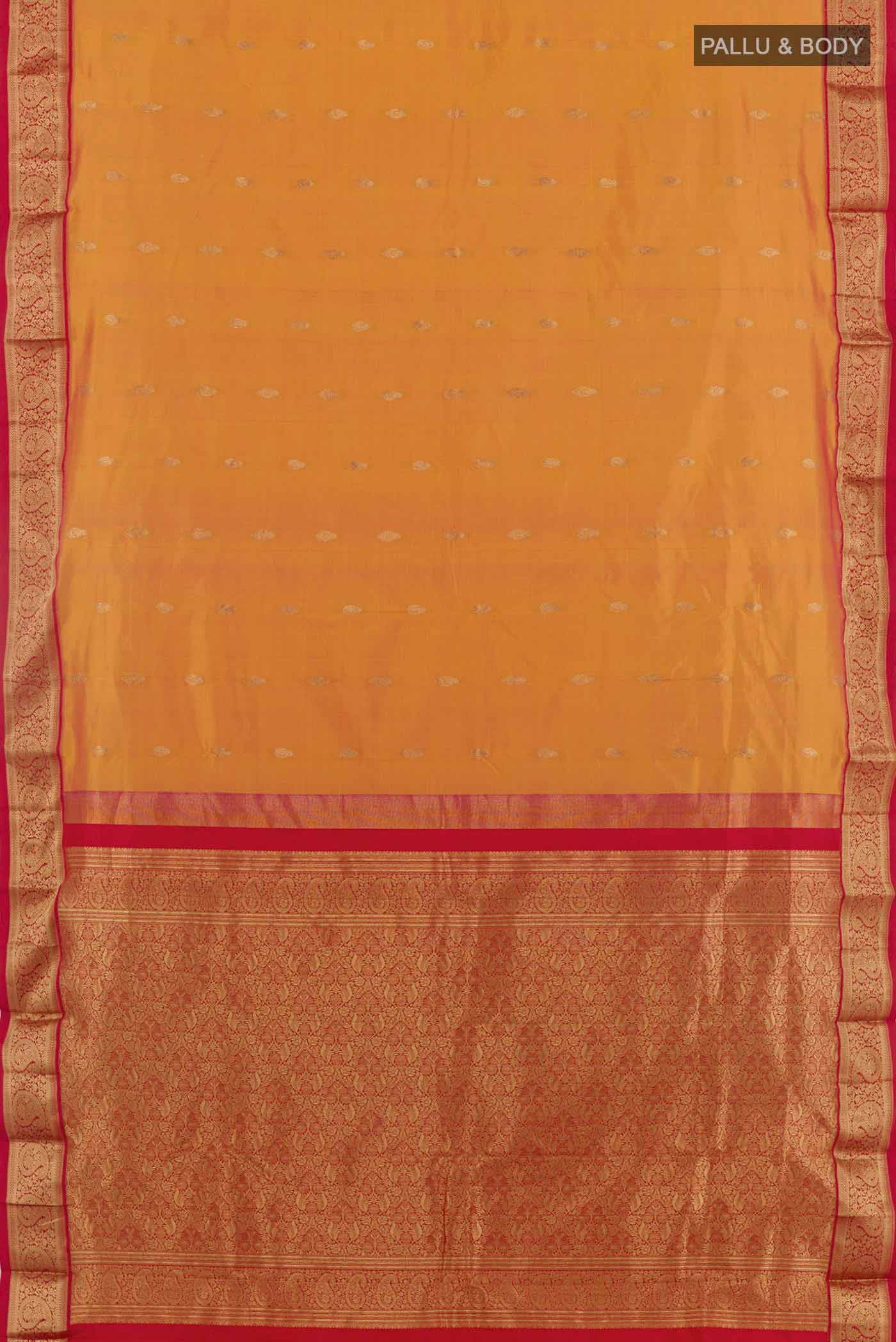 Flat view of Orange Dual Tone Kanchipuram Silk Saree with Zari Butta on the body and Zari Border. 