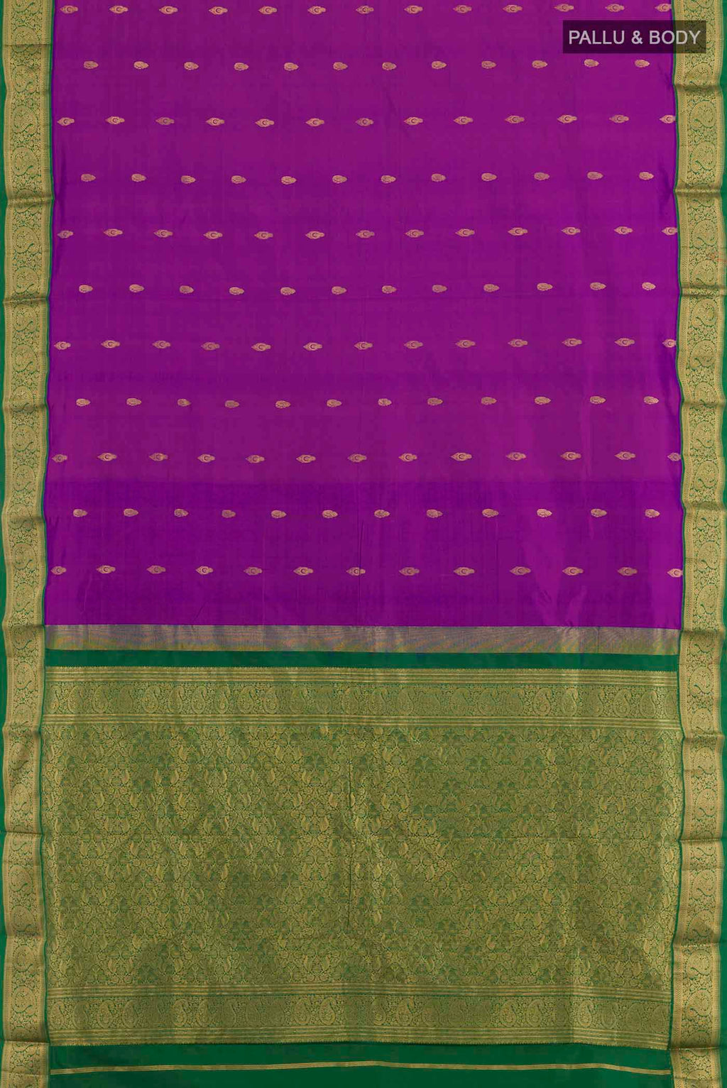 Flat view of Purple Kanchipuram Silk Saree with Zari Butta on the body and Zari Border. 
