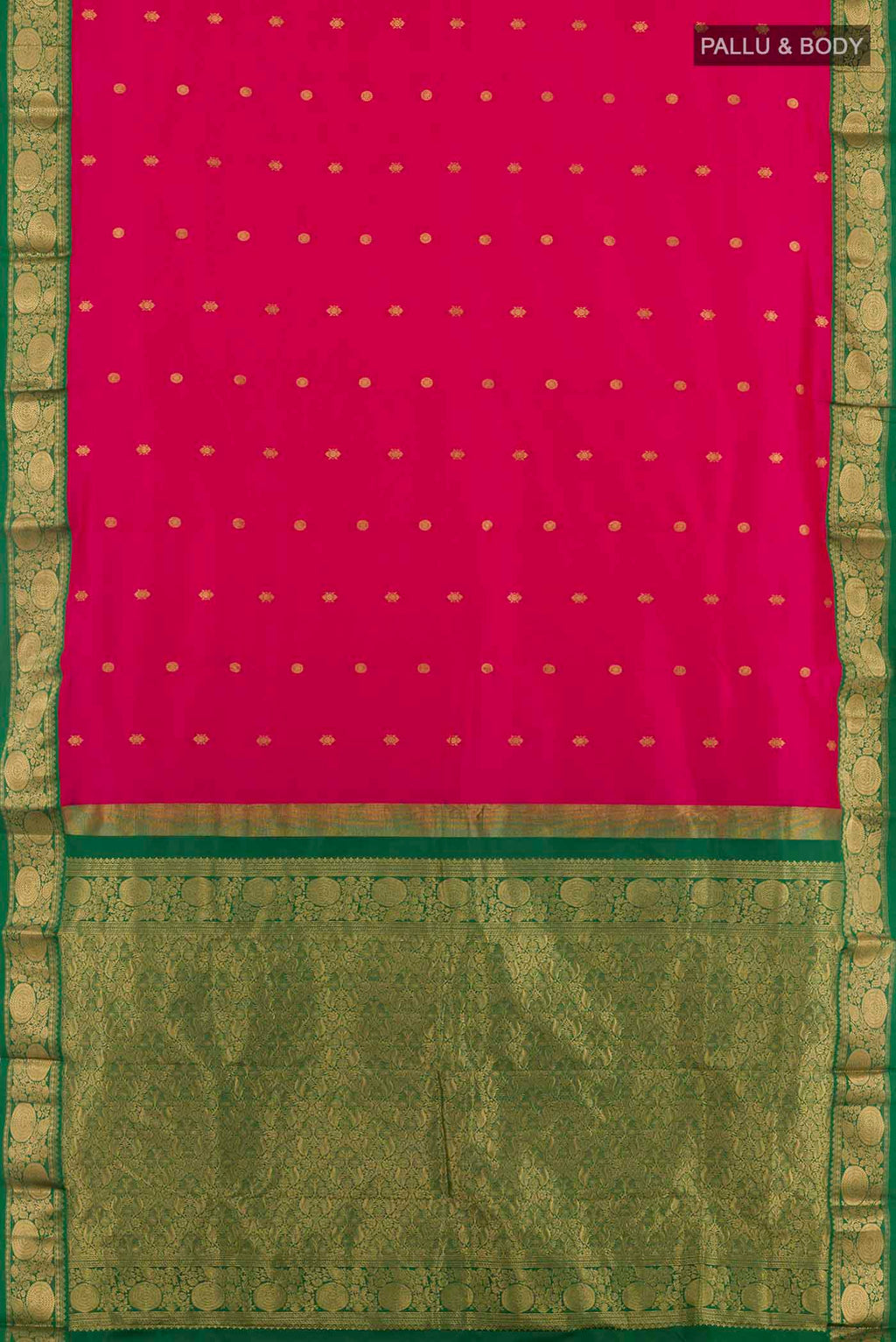 Flat view of Rani Pink Kanchipuram Silk Saree with Zari Butta on the body and Zari Border. 