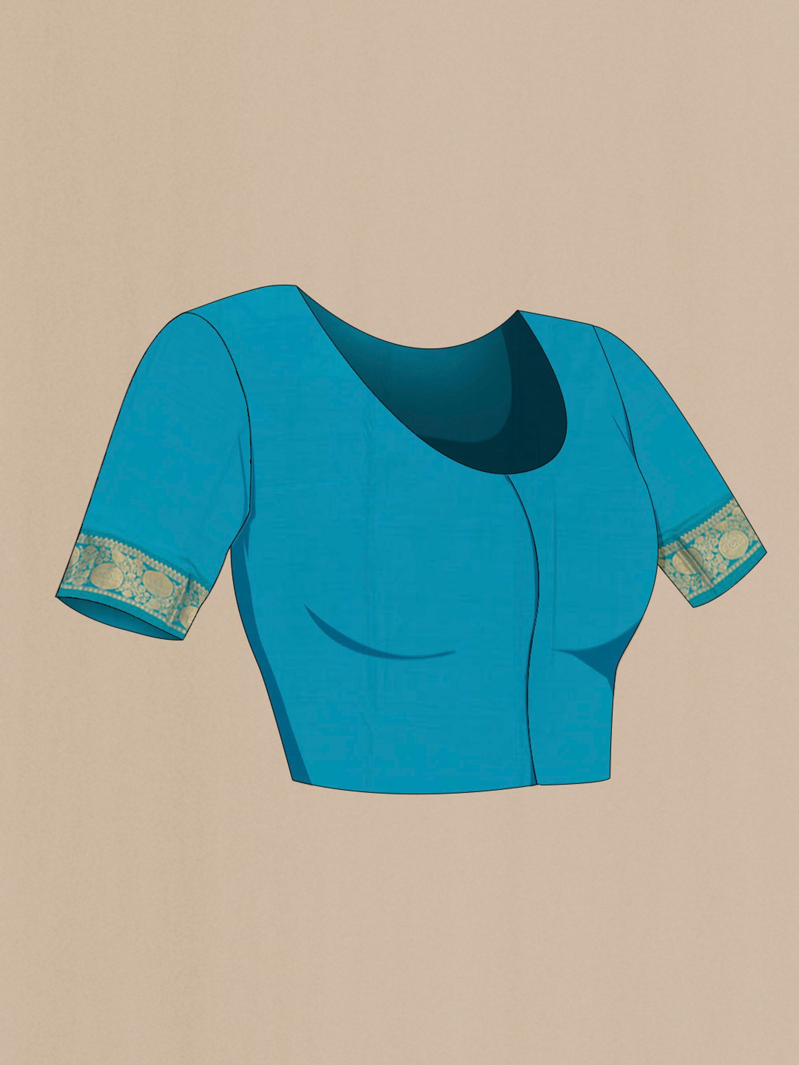 Close up image of the blouse of Dark Blue Kanchipuram Silk Saree with Zari Brocade on the body and Zari Border. 