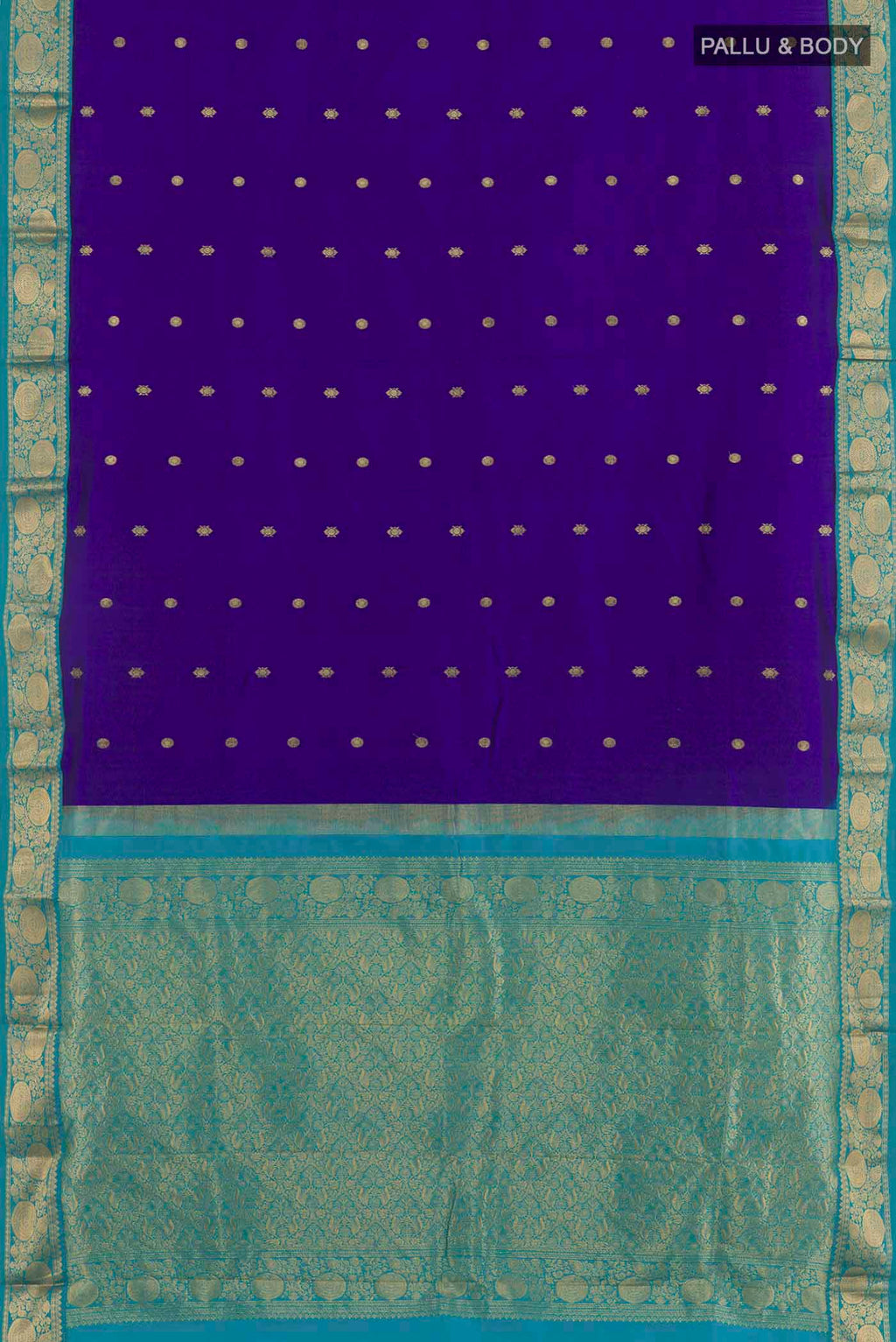 Flat view of Dark Blue Kanchipuram Silk Saree with Zari Brocade on the body and Zari Border. 