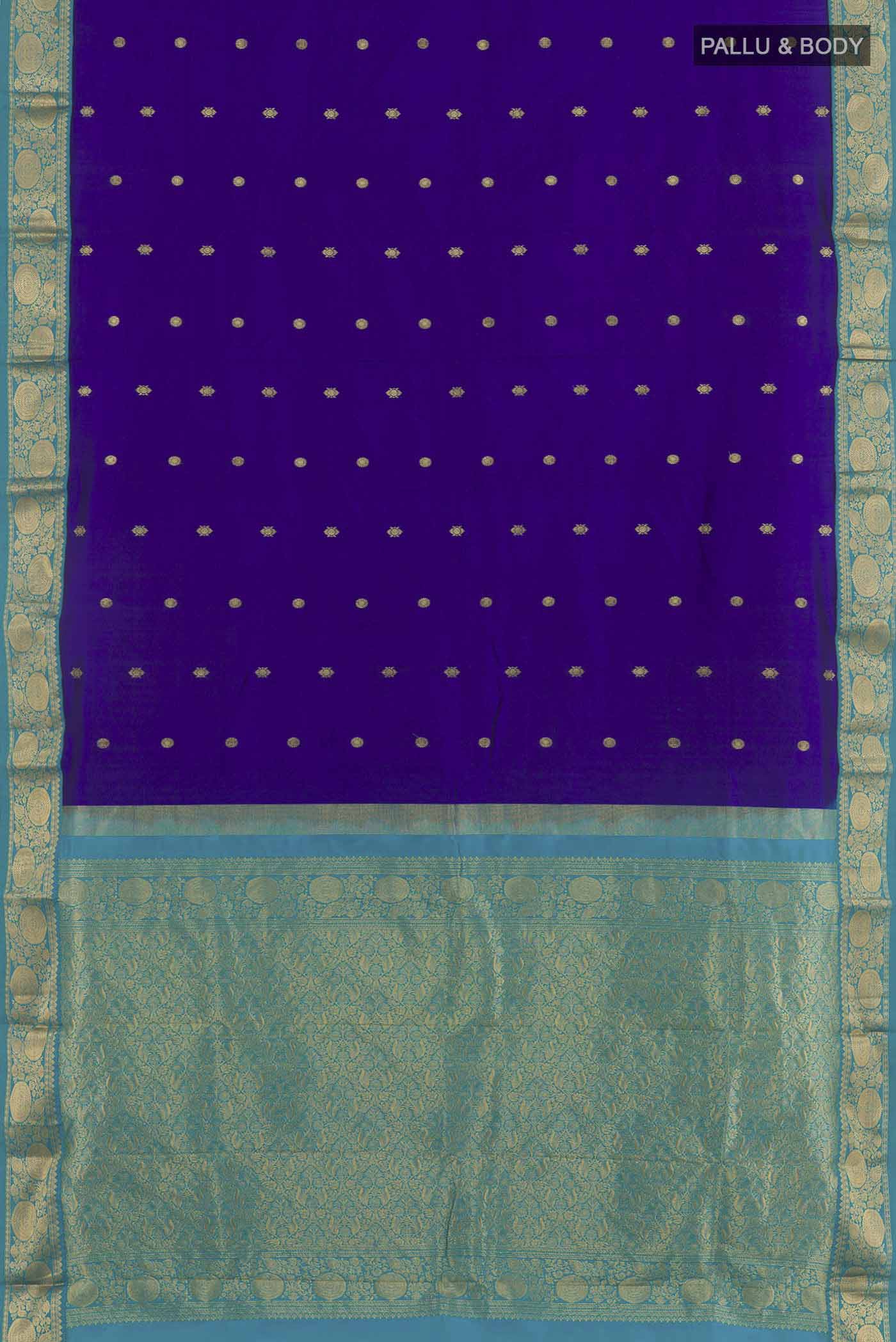 Flat view of Dark Blue Kanchipuram Silk Saree with Zari Brocade on the body and Zari Border. 