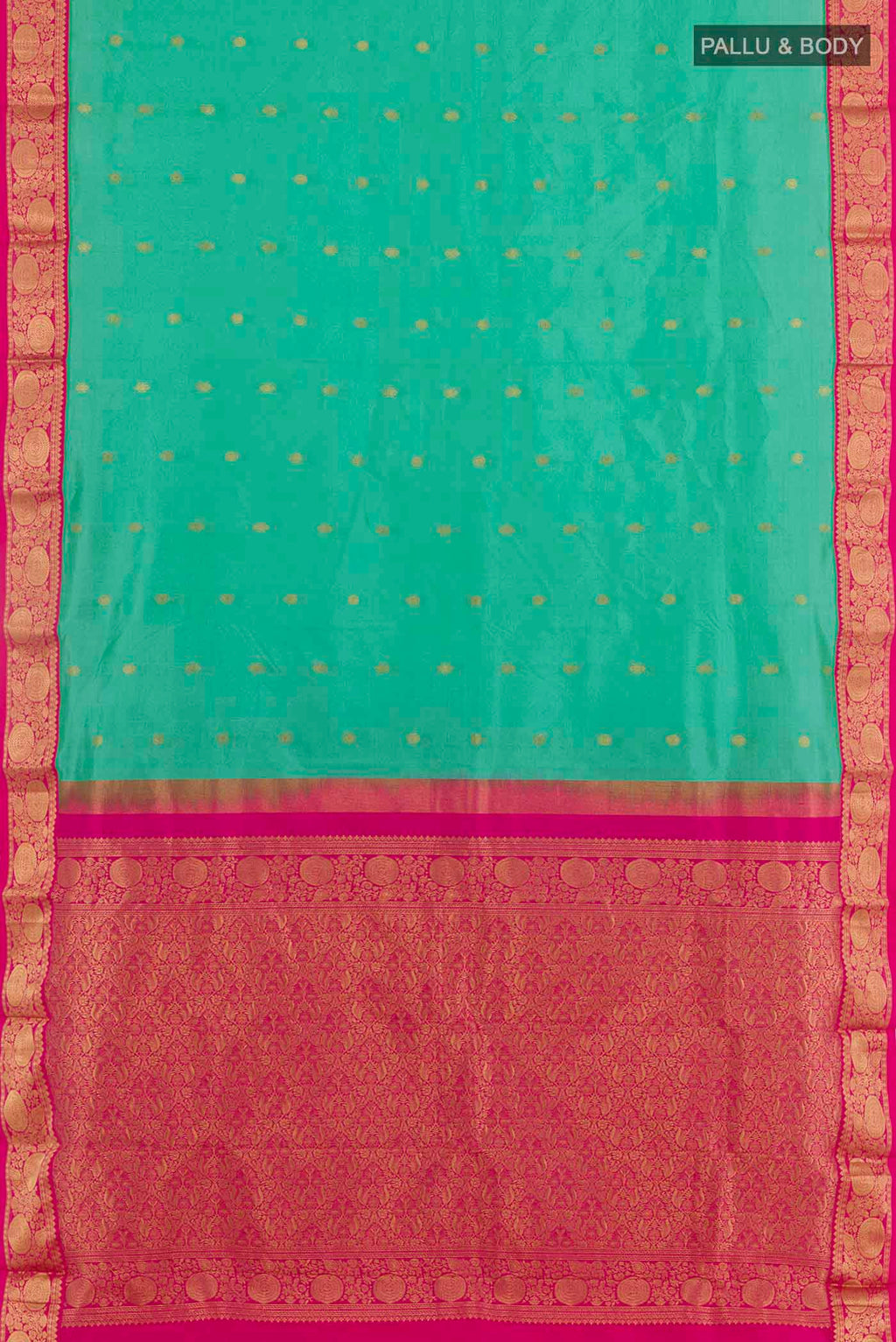 Flat view of Sea Green Kanchipuram Silk Saree with Zari Butta on the body and Zari Border. 