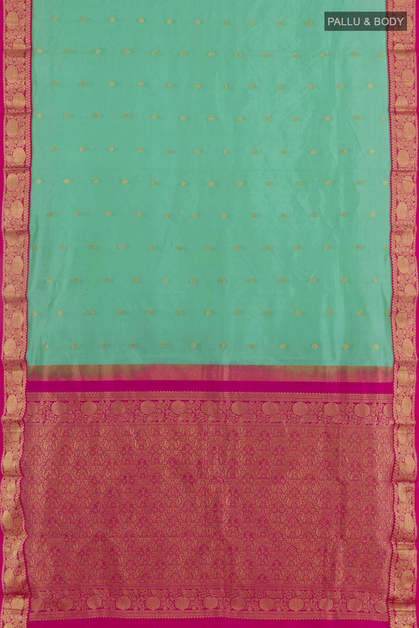 Flat view of Sea Green Kanchipuram Silk Saree with Zari Butta on the body and Zari Border. 