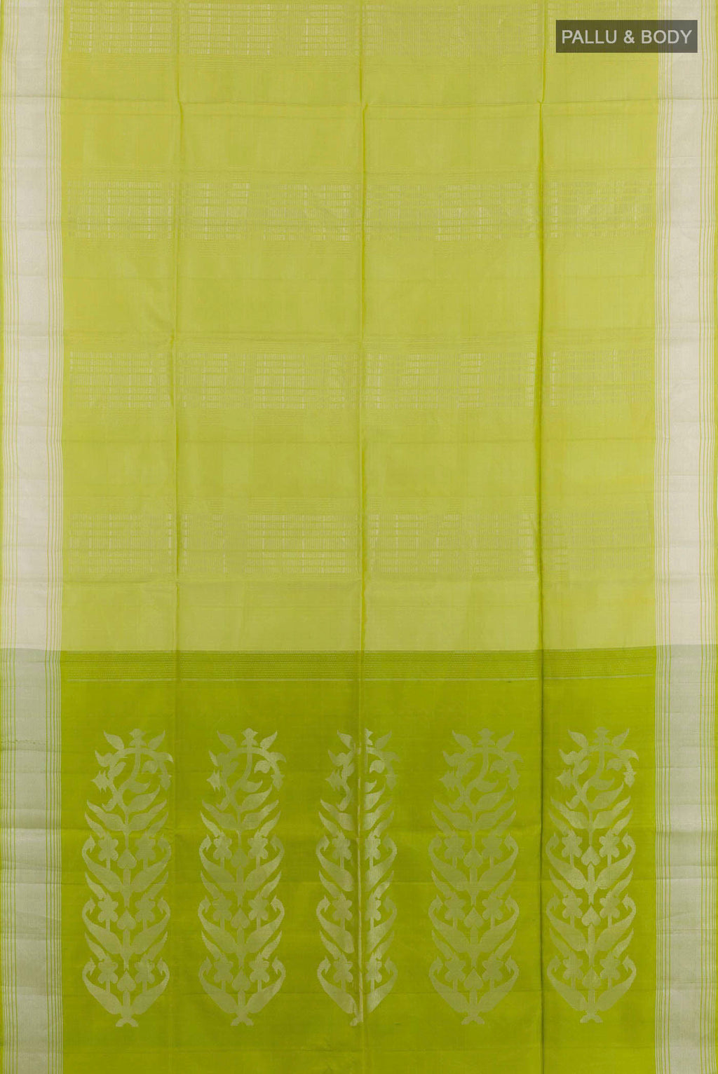 Flat view of Green Dual Tone Soft Silk Saree with Zari Butta on the body and Zari Border. 