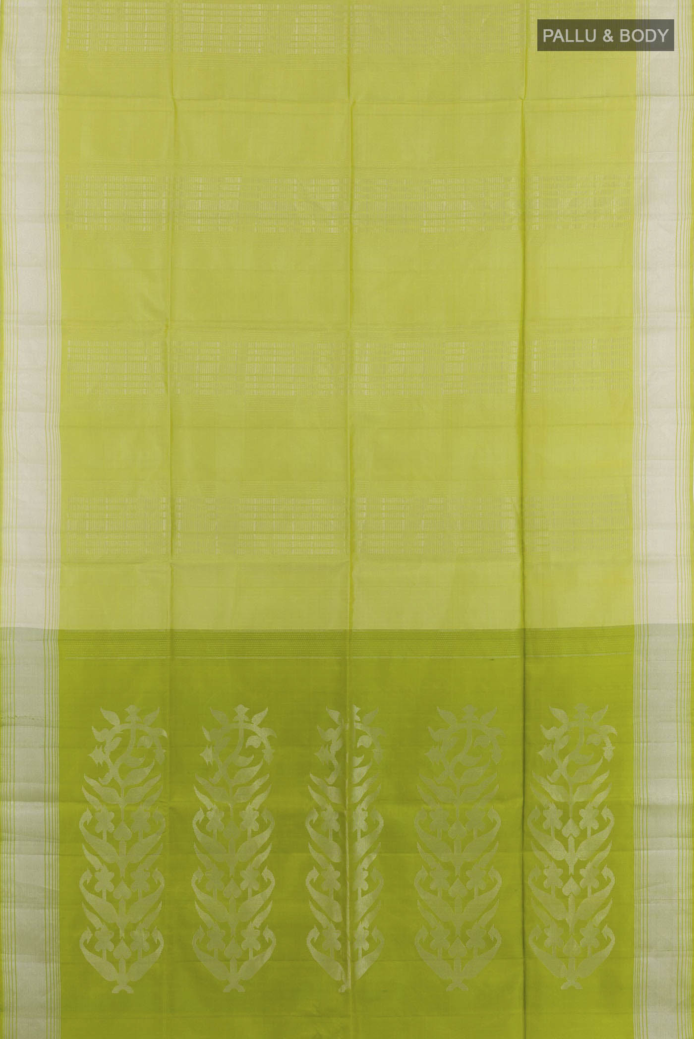 Flat view of Green Dual Tone Soft Silk Saree with Zari Butta on the body and Zari Border. 