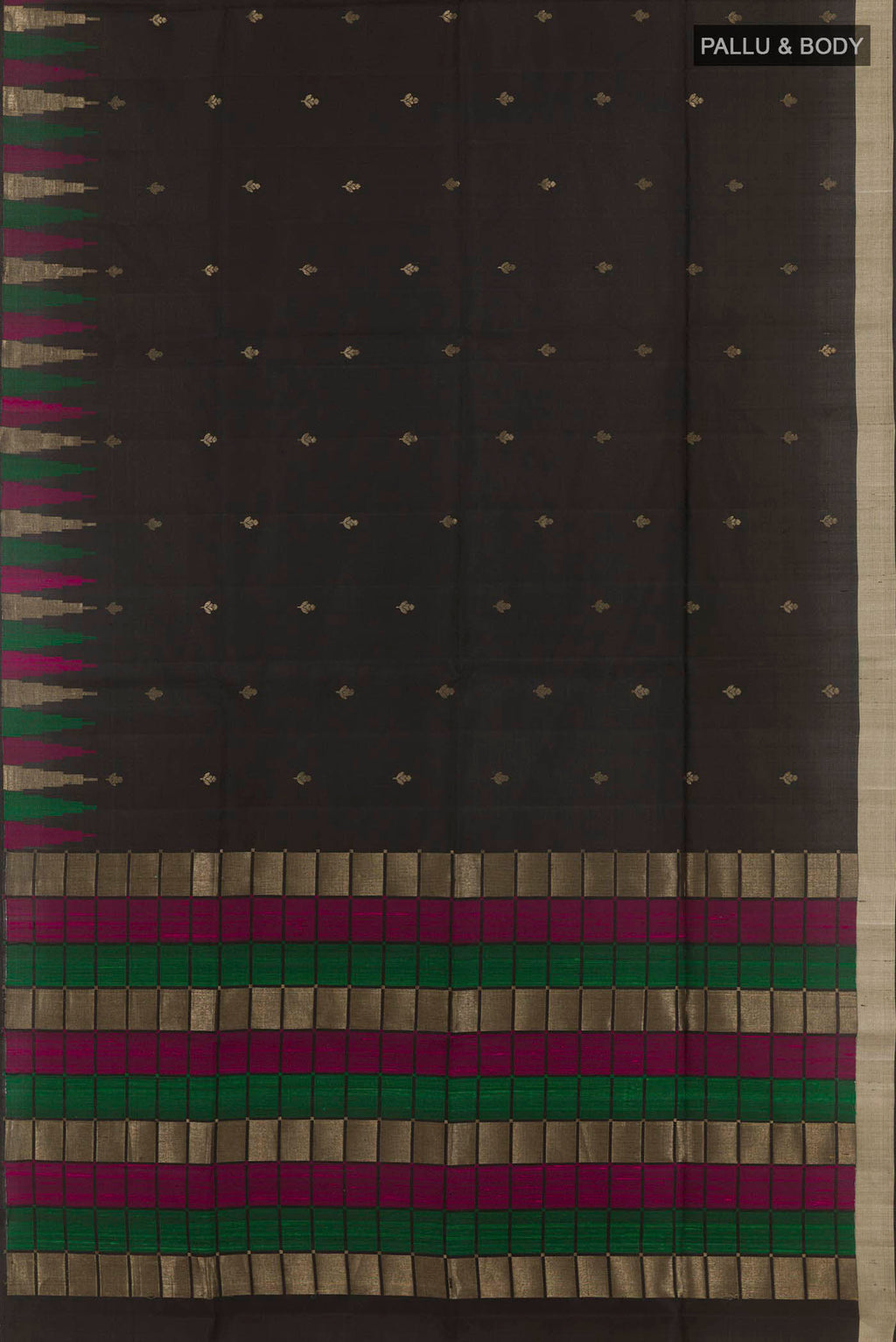 Flat view of Black Soft Silk Saree with Zari Butta on the body and Zari Border. 
