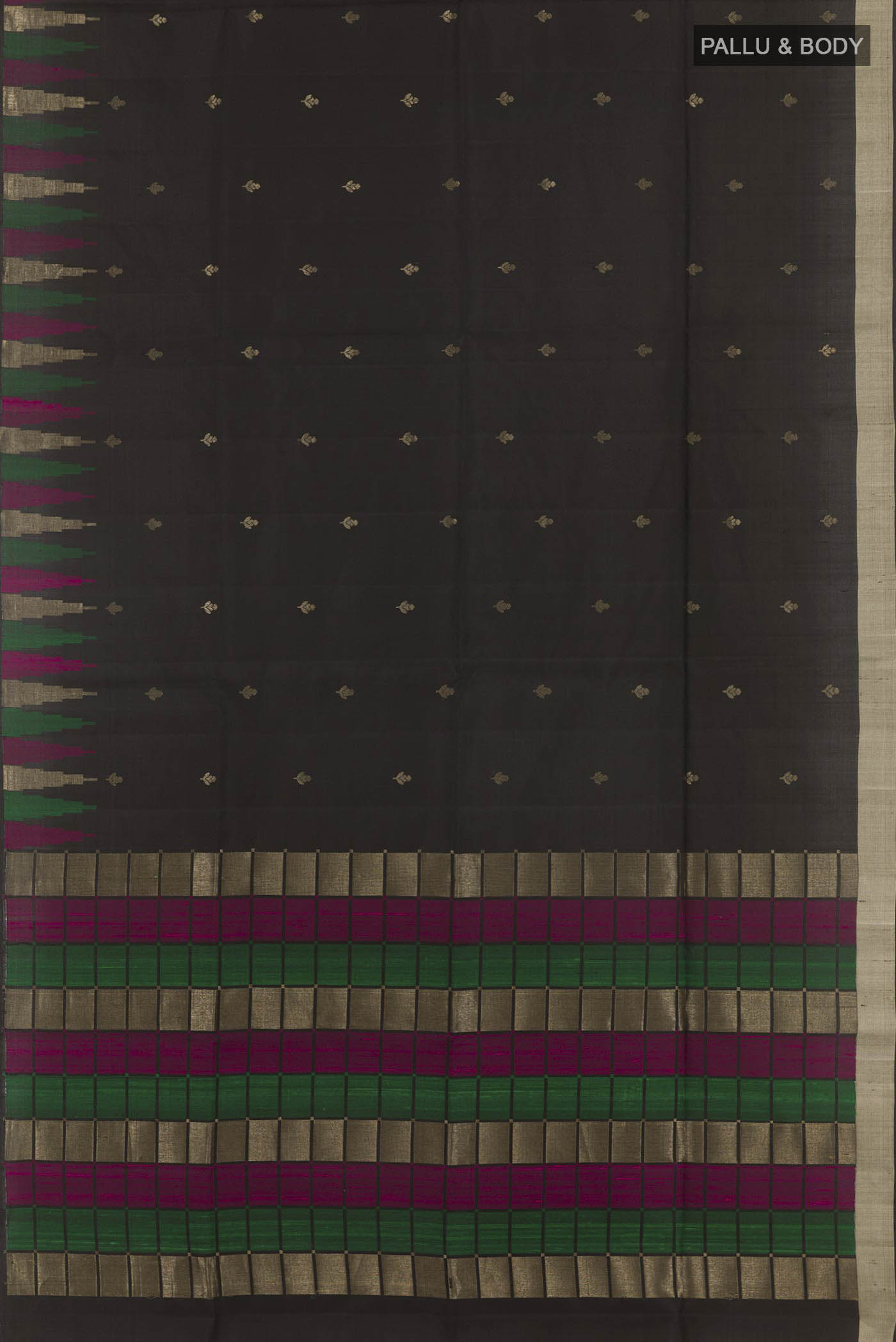 Flat view of Black Soft Silk Saree with Zari Butta on the body and Zari Border. 