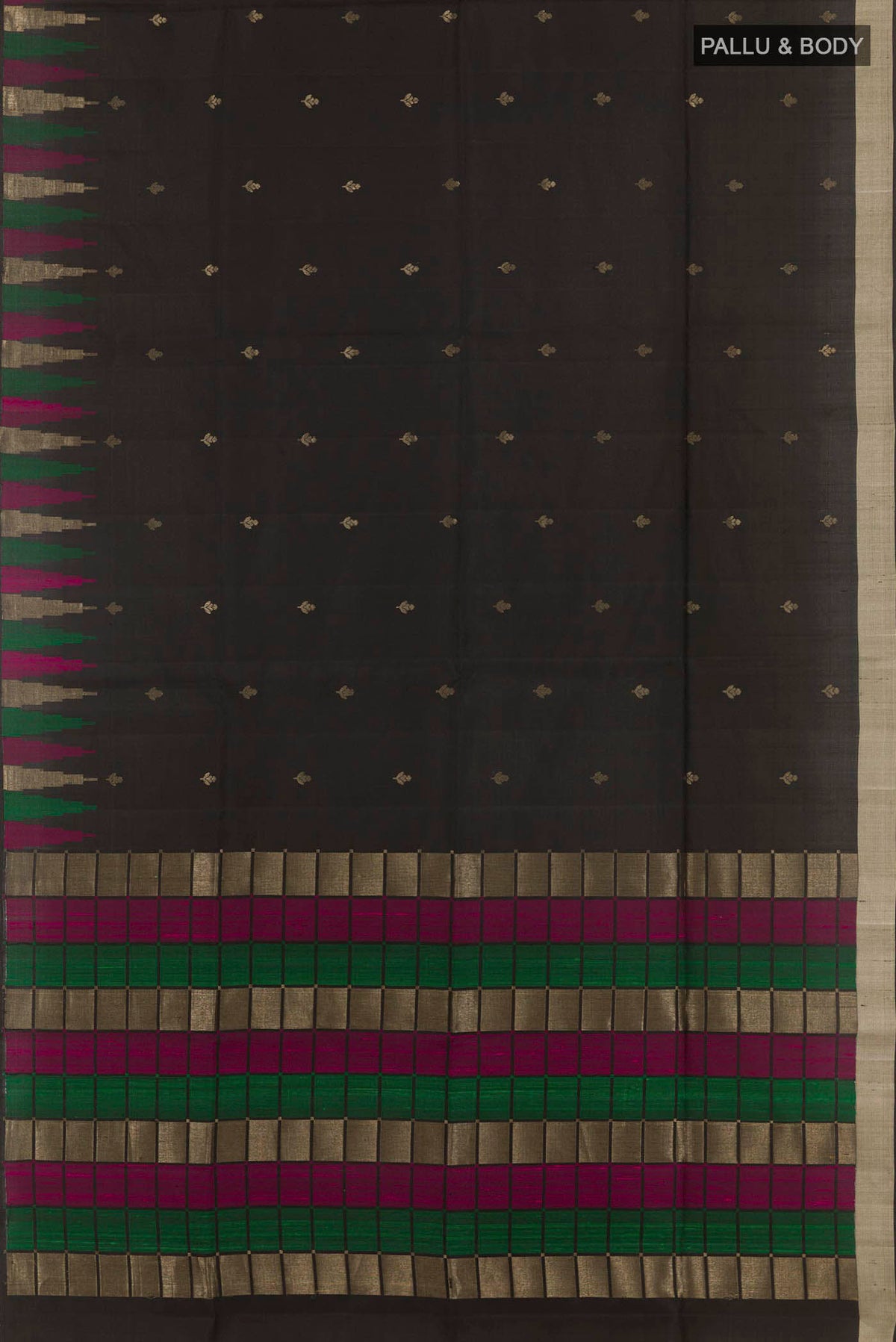 Flat view of Black Soft Silk Saree with Zari Butta on the body and Zari Border. 