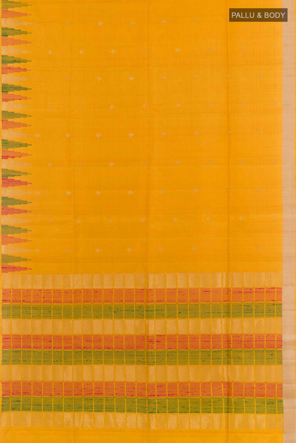 Flat view of Yellow Soft Silk Saree with Zari Butta on the body and Zari Border. 