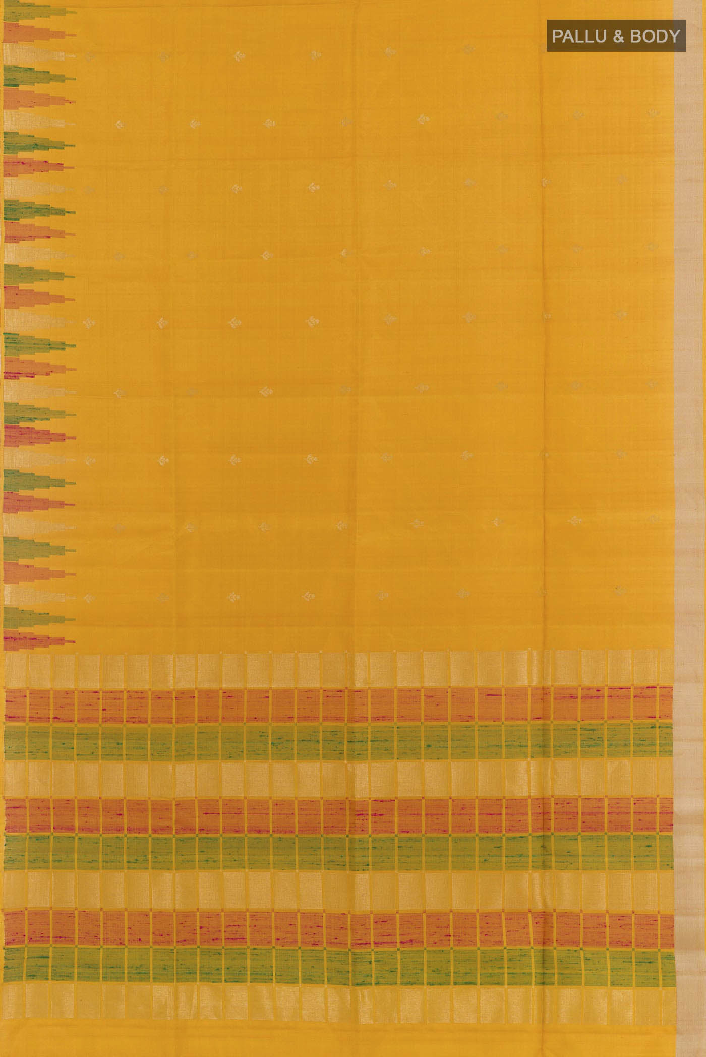 Flat view of Yellow Soft Silk Saree with Zari Butta on the body and Zari Border. 