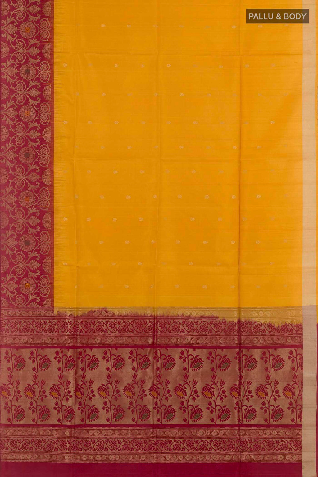 Flat view of Yellow Soft Silk Saree with Zari Butta on the body and Zari Border. 
