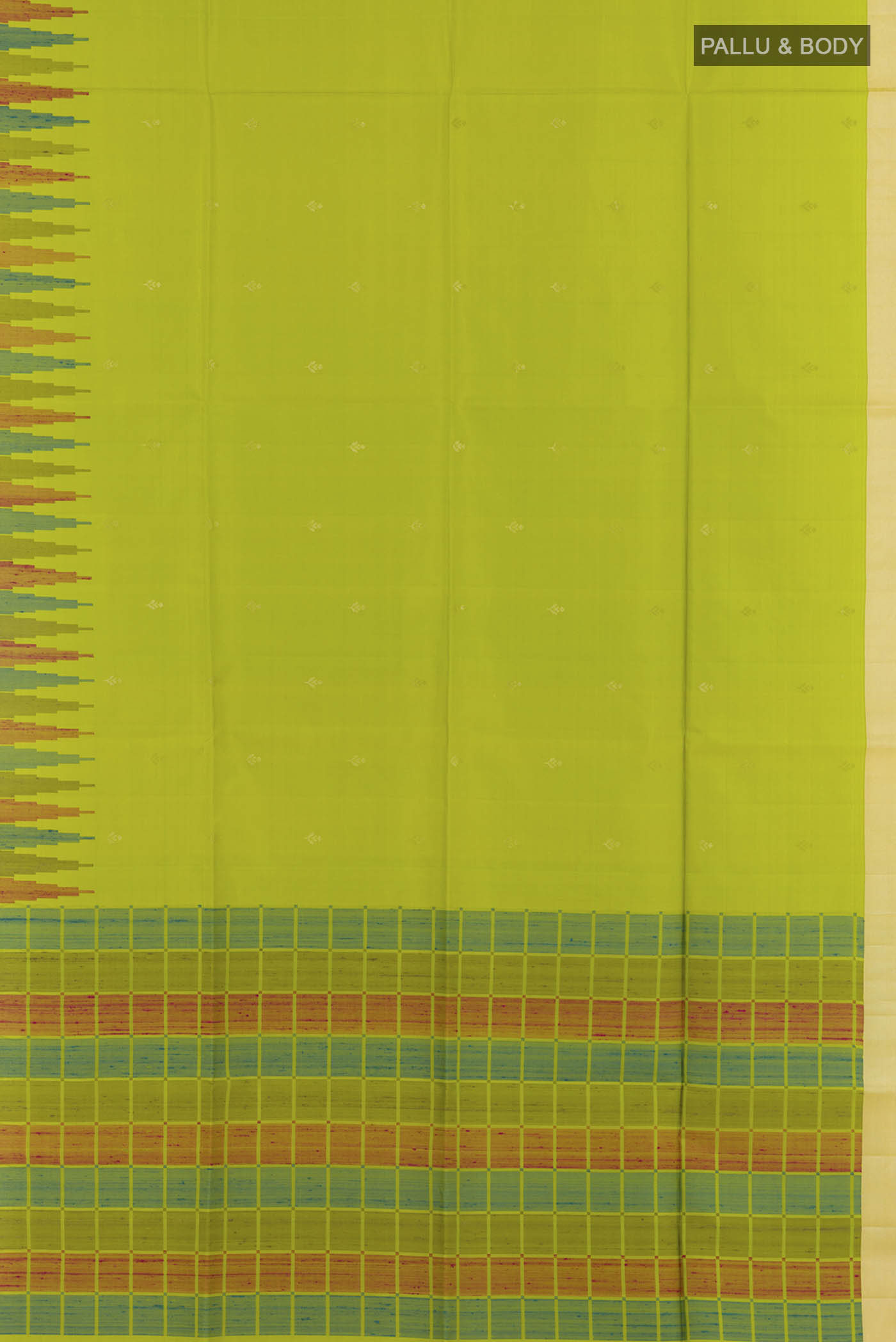 Flat view of Parrot Green Soft Silk Saree with Zari Butta on the body and Zari Border. 