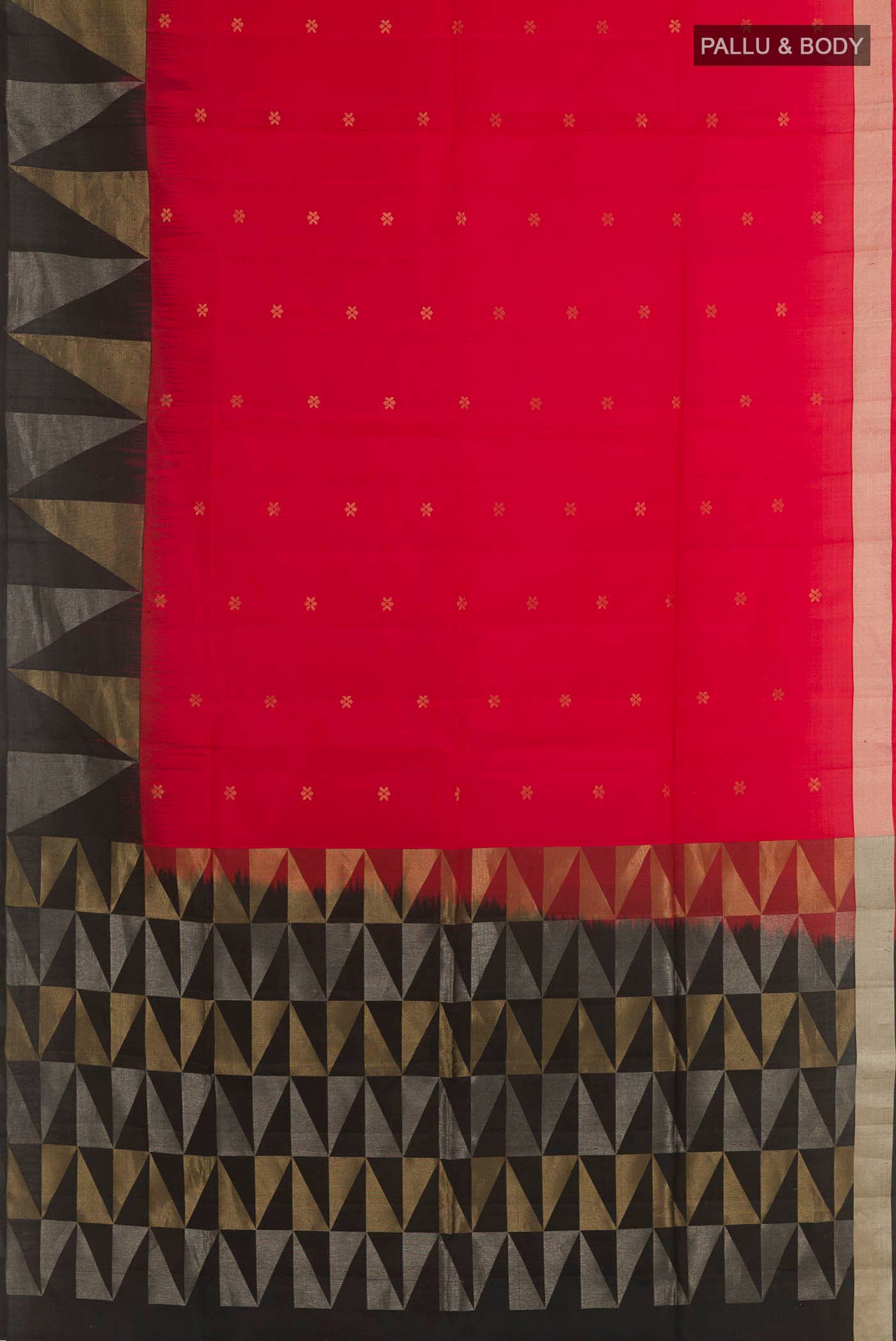 Flat view of Red Soft Silk Saree with Zari Butta on the body and Zari Border. 