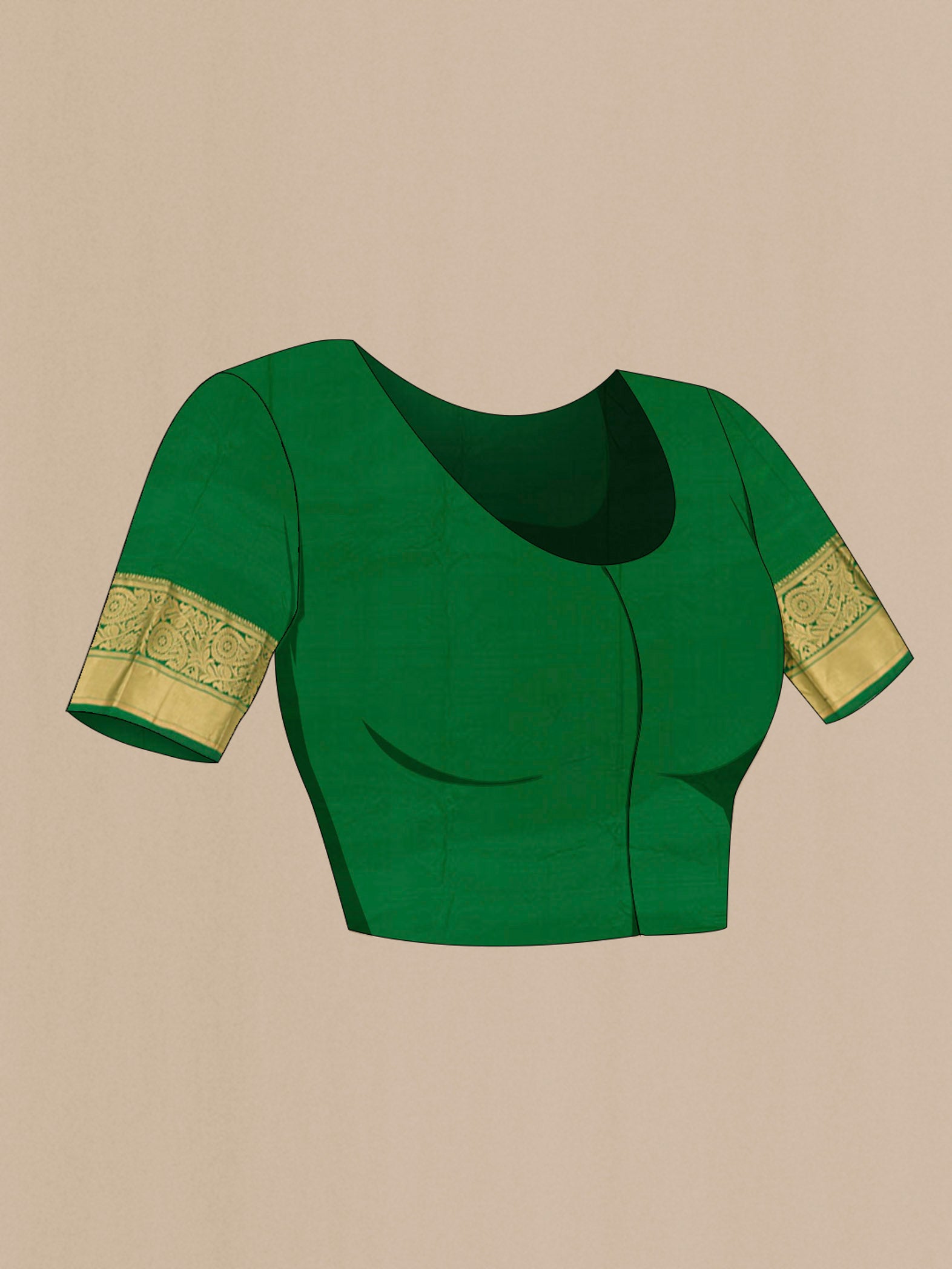 Close up image of the blouse of Light Green Dual Tone Kanchipuram Silk Saree with Zari Butta on the body and Zari Border. 